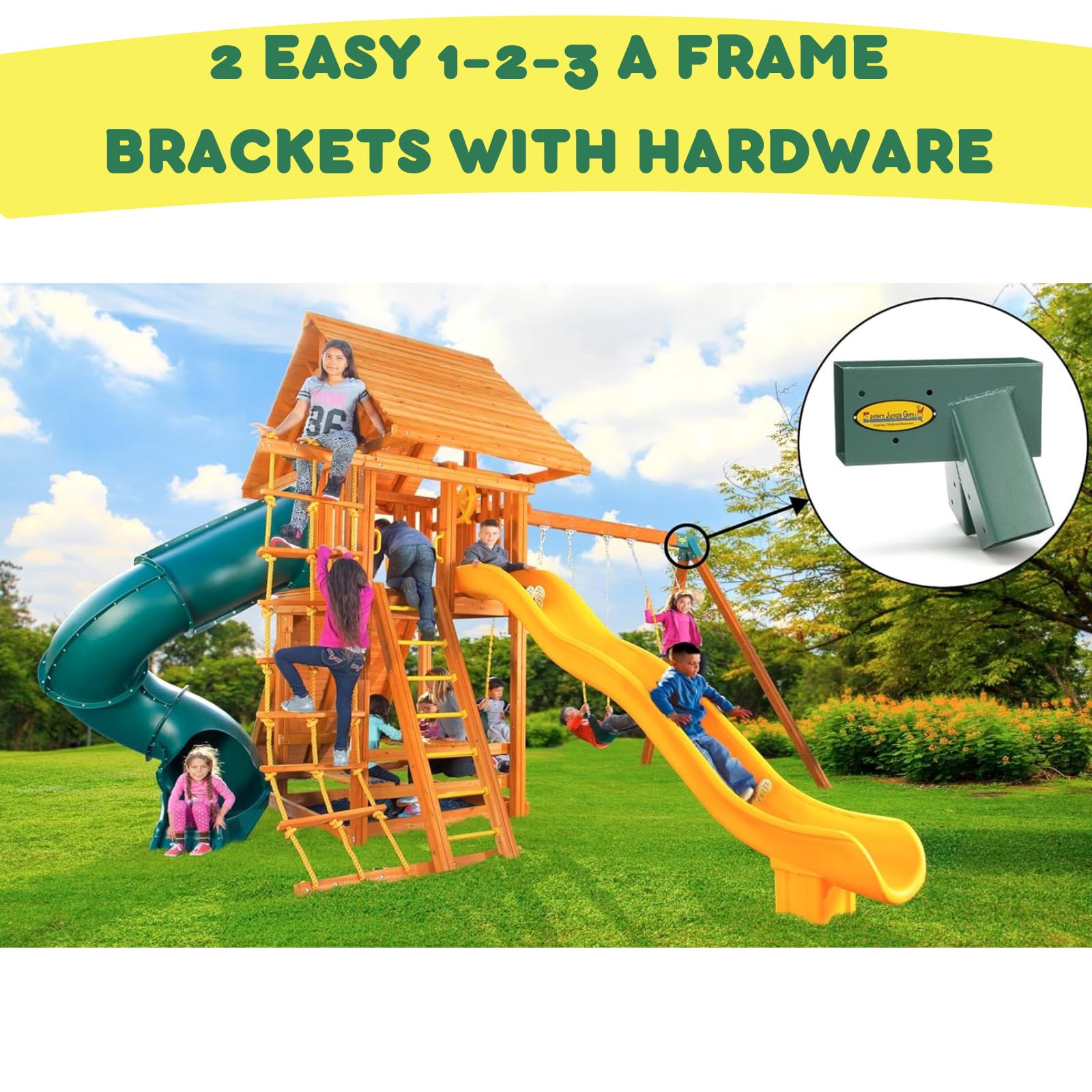 Eastern Jungle Gym DIY Swing Set Hardware Kit with Easy 1-2-3 A-Frame Brackets, Swing Seats, Ring Trapeze Bar and All Assembly Hardware and Instructions - Wood Not Included