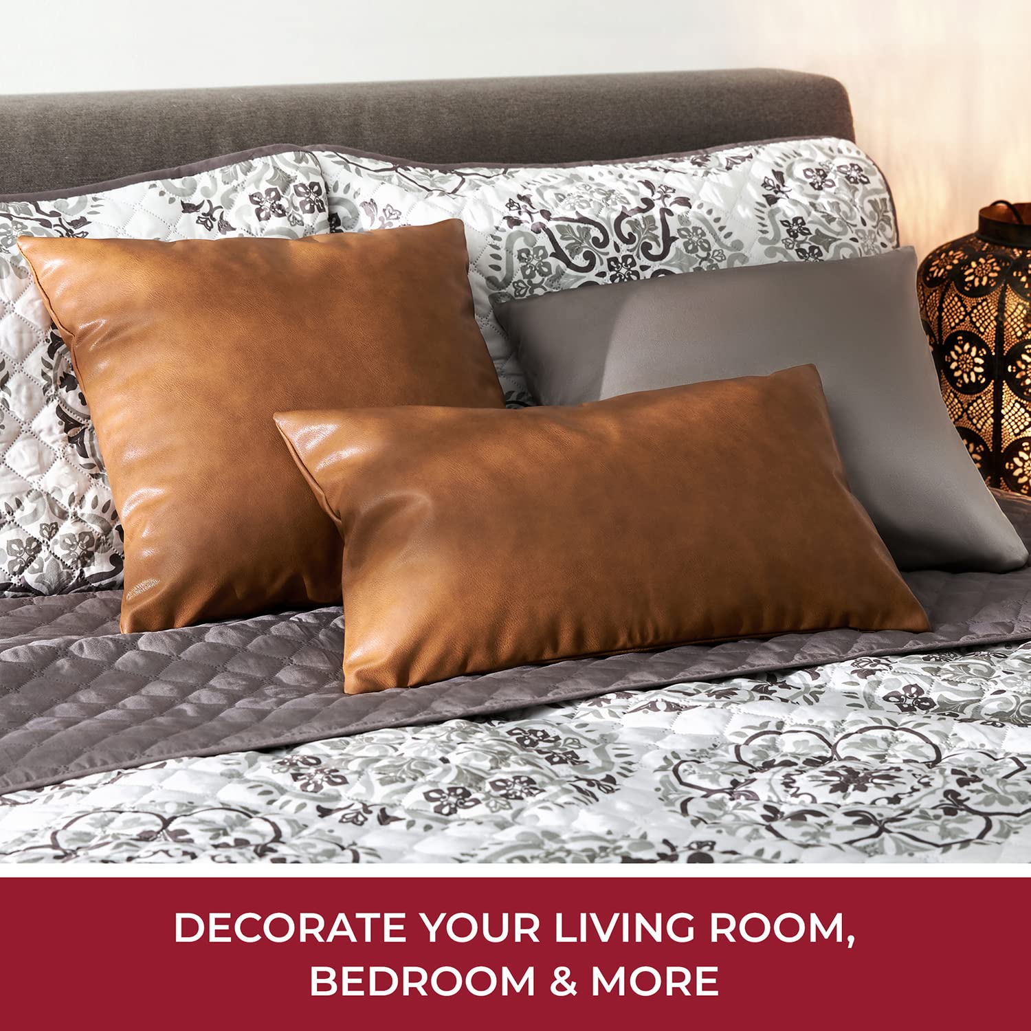 Mellanni 100% Faux Leather Throw Pillow Covers 18x18 - Brown Pillow Covers - Low-Maintenance and Animal-Friendly - with Invisible Zippered Closure - (Pack of 2, 18x18)