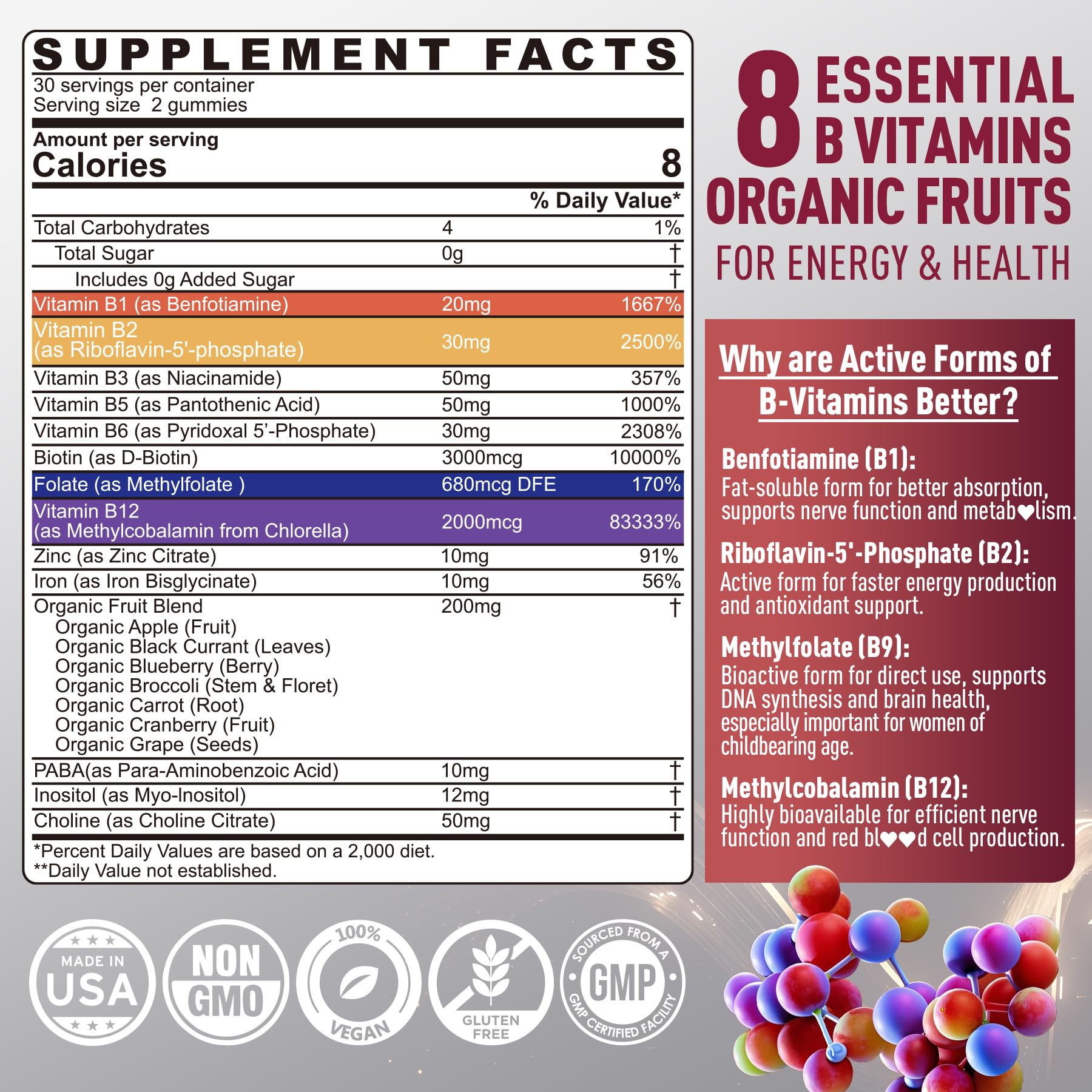 Nextdia Brain & Mood Support Gummies, Super Vitamin B Complex for Men & Women, All B Vitamin B1 B2 B3 B5 B6 B7 Folate MethyB12 with PABA, Inositol, Choline, Supports MTHFR Gene & Energy, Vegan, 120Ct