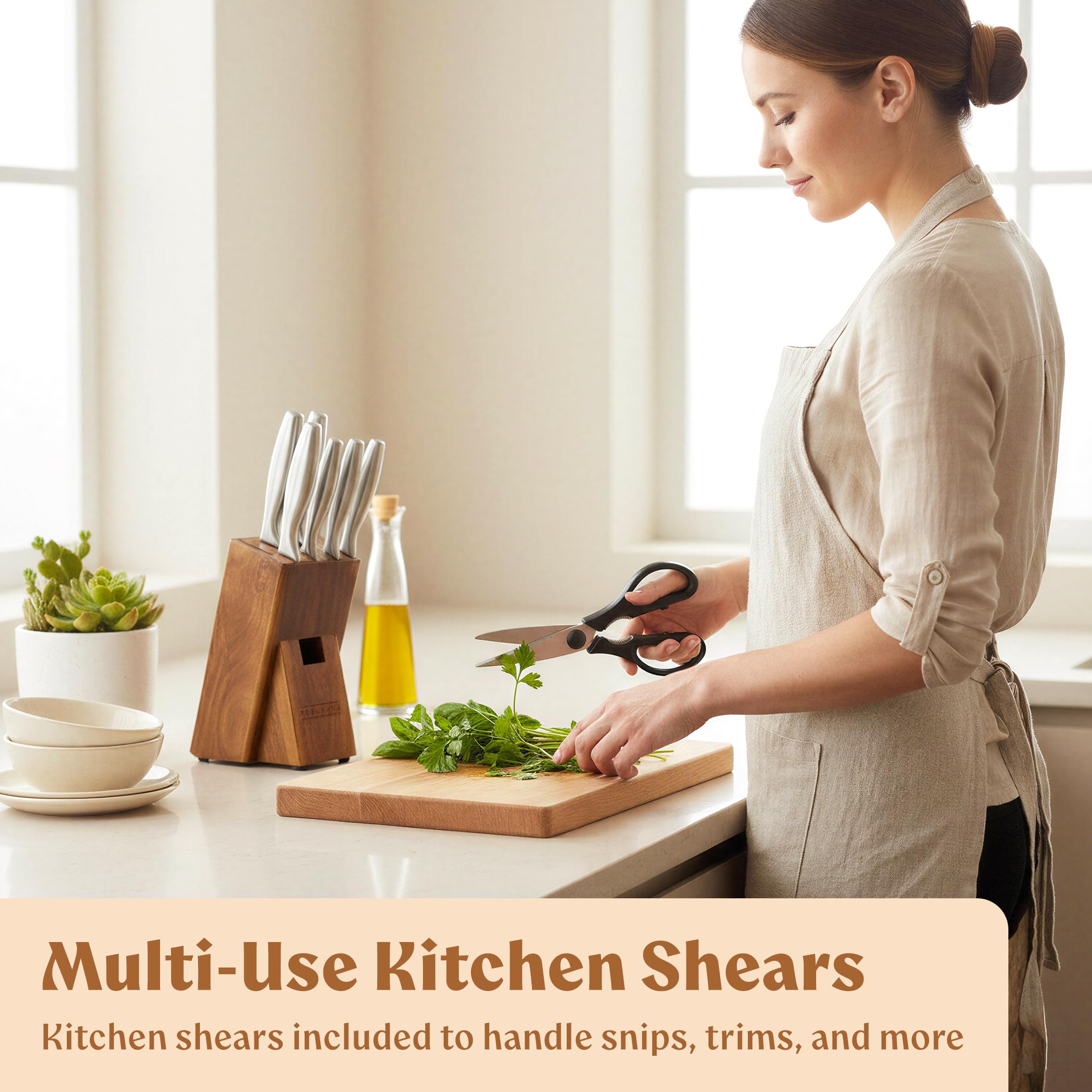 EDELHAUS Knife Set with Block – 9 pcs Stainless Steel Kitchen Knife Block Set - Professional Knife Block with Sharpener and Scissors - Kitchen Knife Set with Acacia Wood Block & Steel Handles