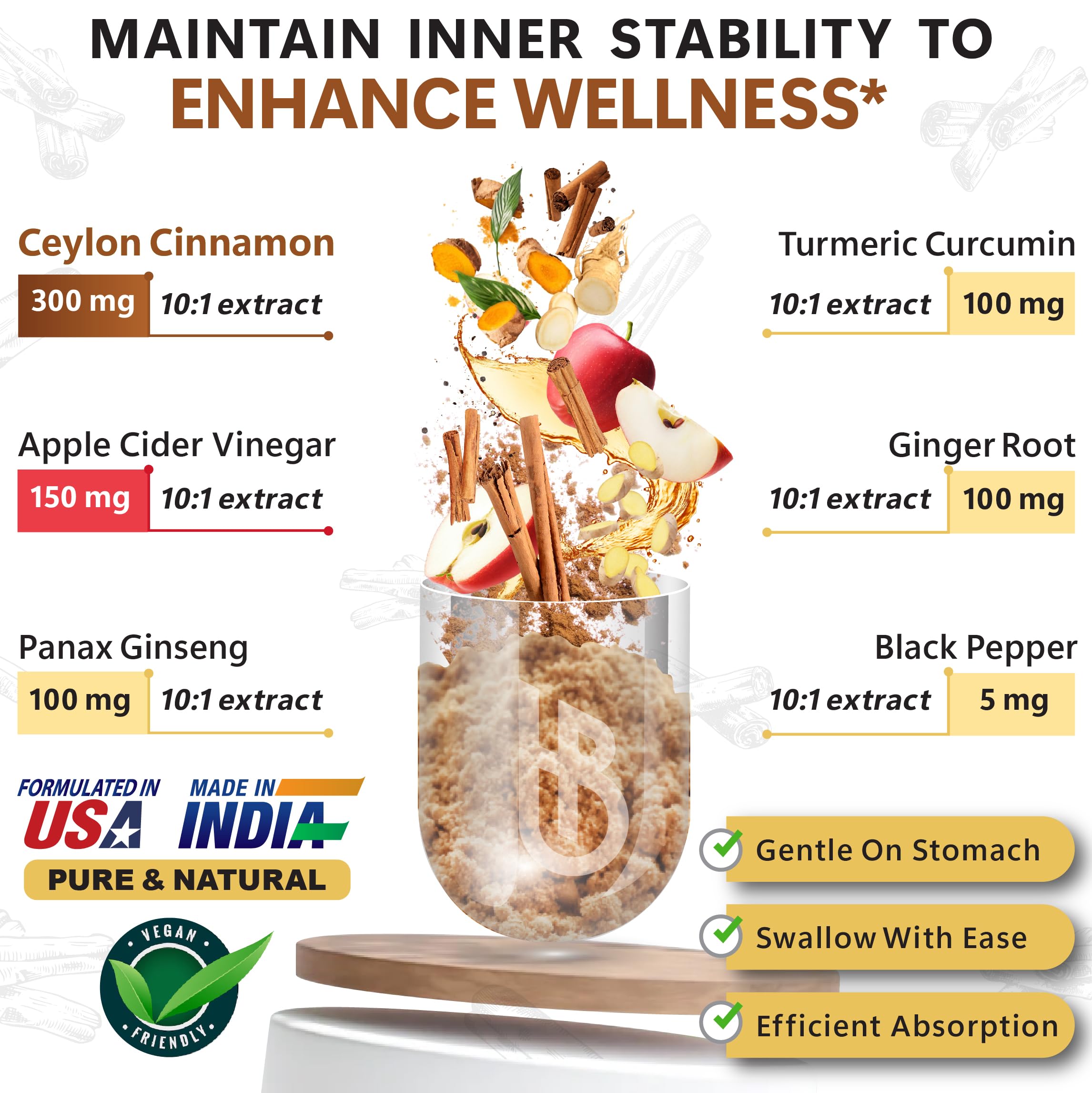Herbpy 6in1 Premium Ceylon Cinnamon Supplement Plus Apple Cider Vinegar, Turmeric, Ginger, Ginseng - Weight Management, Digestion - 100 Vegan Capsules