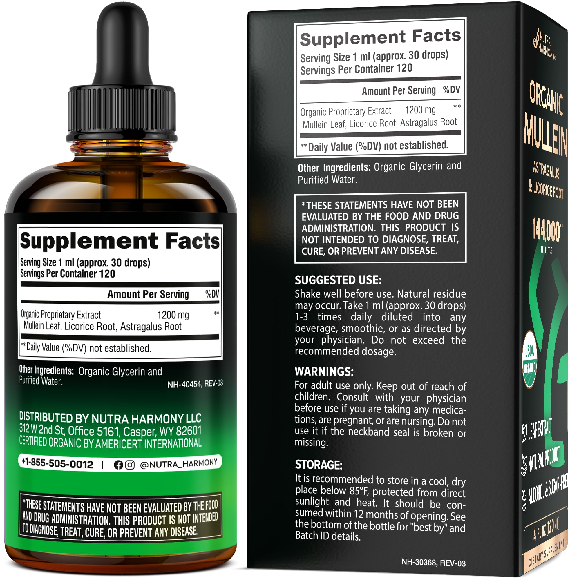 NUTRAHARMONY Organic Mullein Drops & Vitamin B12 Drops