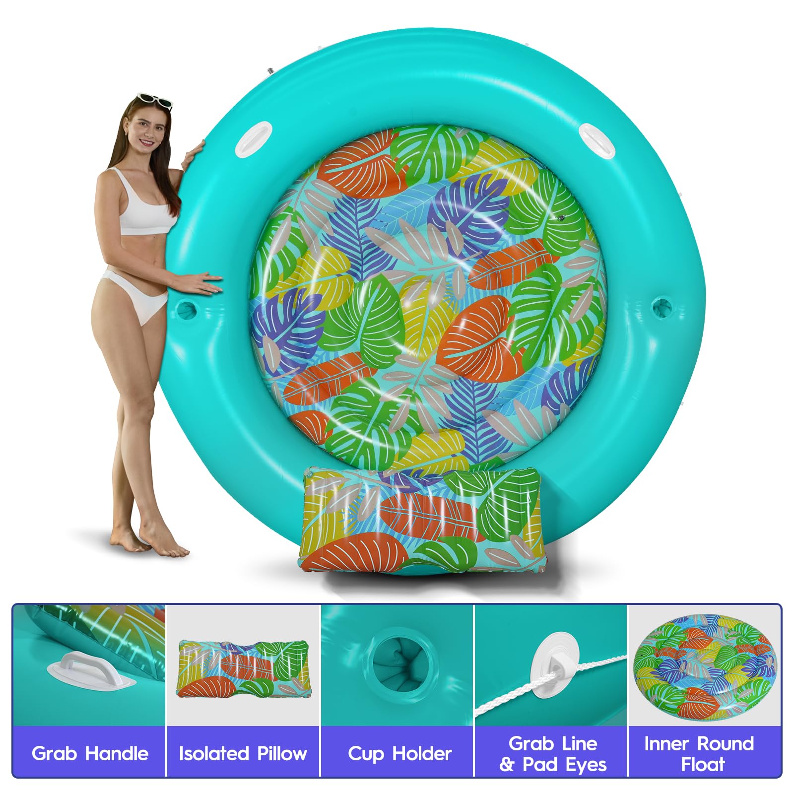 CALOBANA Heavy Duty Tanning Pool Lounger Float with Removable Base, 77'' x 77'' Extra Large Suntan Tub Pool Floats Adults Water Toys for Party Inflatable Round Float for Backyard, Swimming Pool