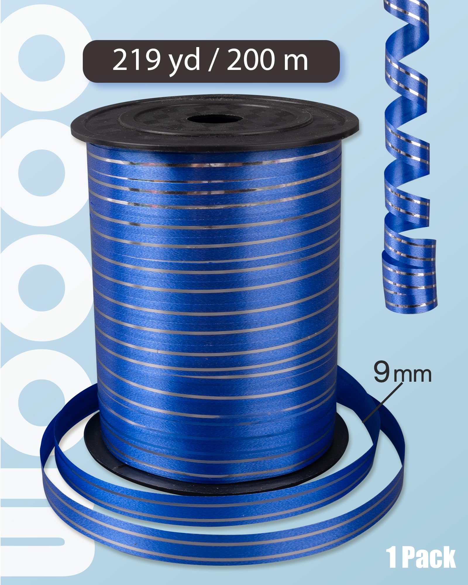 PartyWoo Blue and Silver Curling Ribbon, 219 Yard PVC Plastic Ribbon for Balloons, Gift Wrapping, Crafts, Wedding, Florist Flowers (1 Roll)