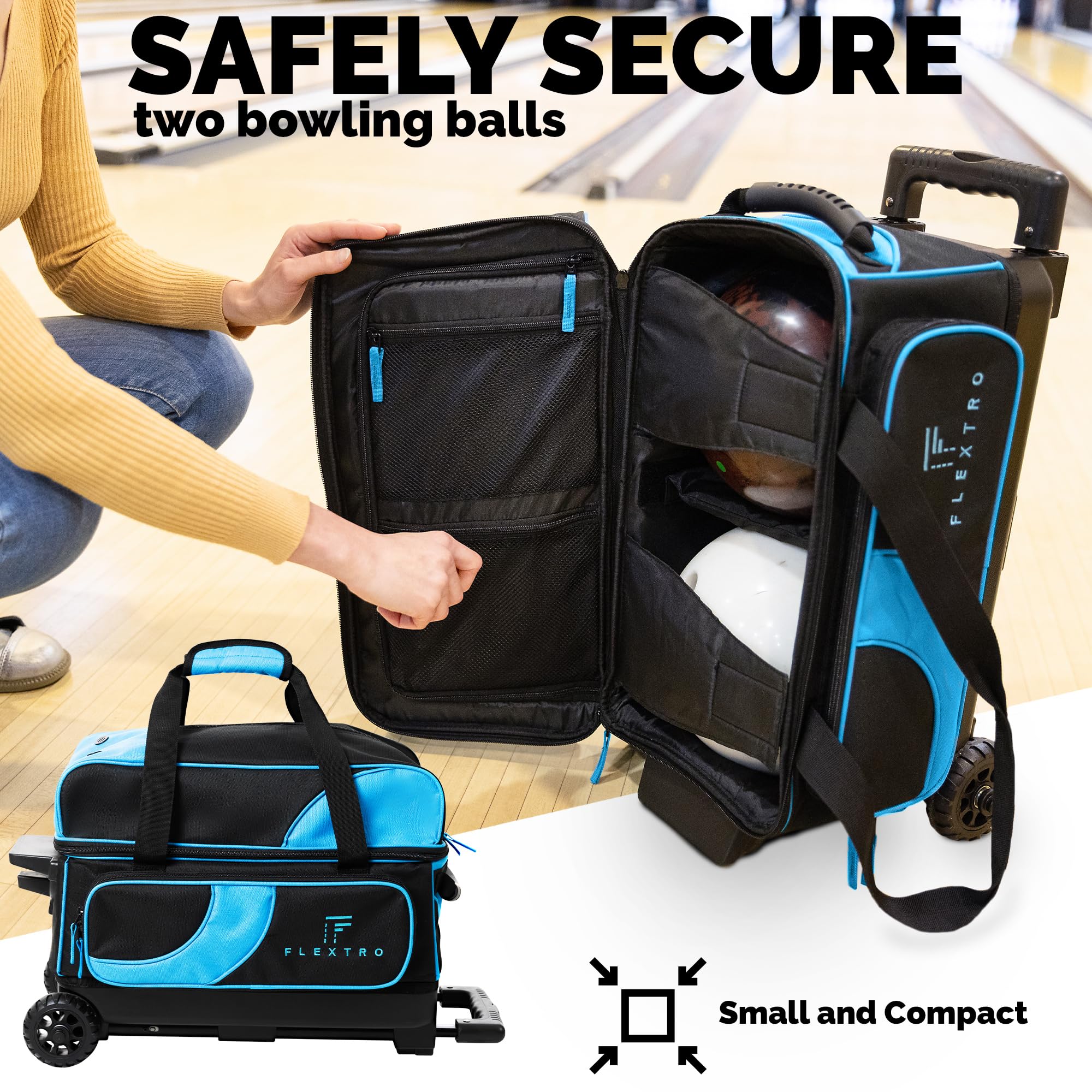Flextro 2 Ball Bowling Bag with Wheels PLUS Single Ball Bowling Bag; 2 Ball Double Roller Trolley with Compartments for Bowling Equipment and Shoes (Black & Blue)