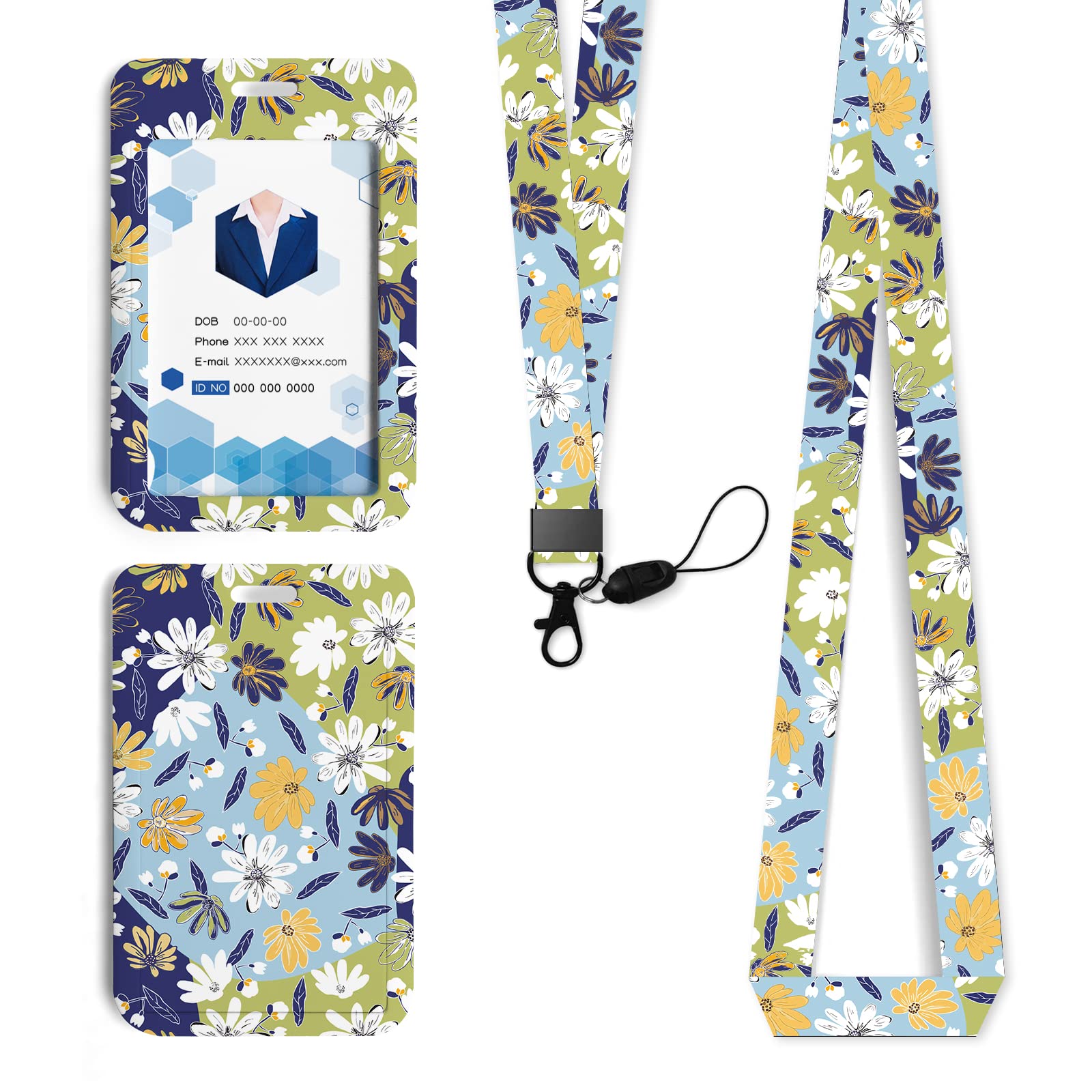 Id Badge Holder with Lanyard,Flowers Pattern Lanyards for ID Badges Neck Lanyard for Keys ID Badges Cute Fashion Key Chain Keychains Green Neck Lanyard for School Office Men Women Teen Kids