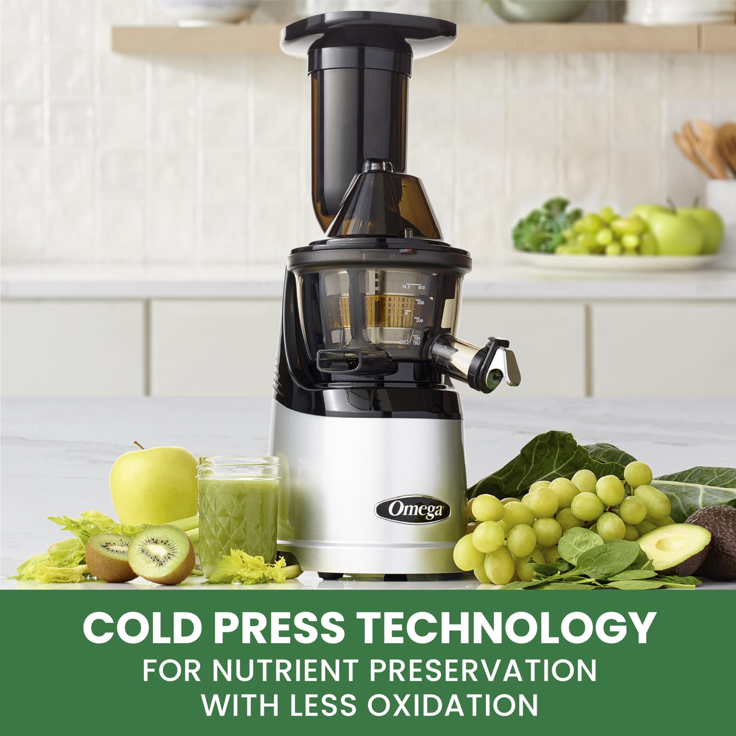 Omega MegaMouth Vertical Low Speed Quiet Juicer with Smart Cap Spout Tap, 240-Watt, Silver
