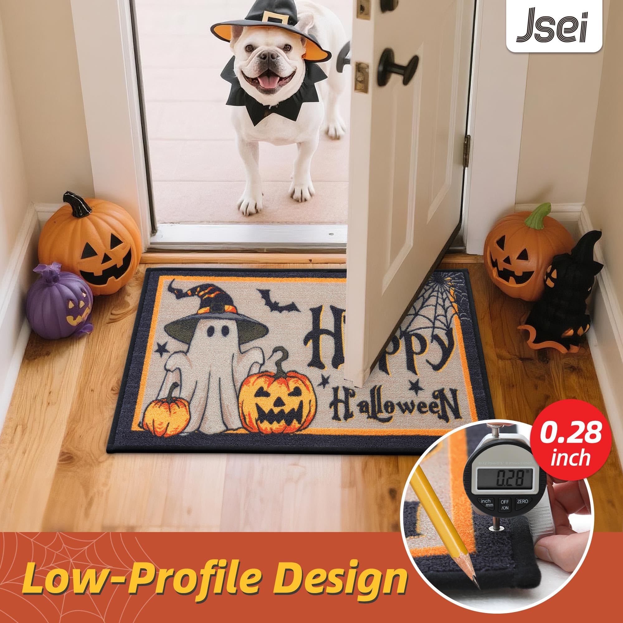 JSEI Halloween Holiday Doormat, 17''x30'' Non-Slip Ghost and Pumpkins Decorative Welcome Mats for Floor, Low-Profile Entryway Rugs Washable, Cute Ghost Pattern