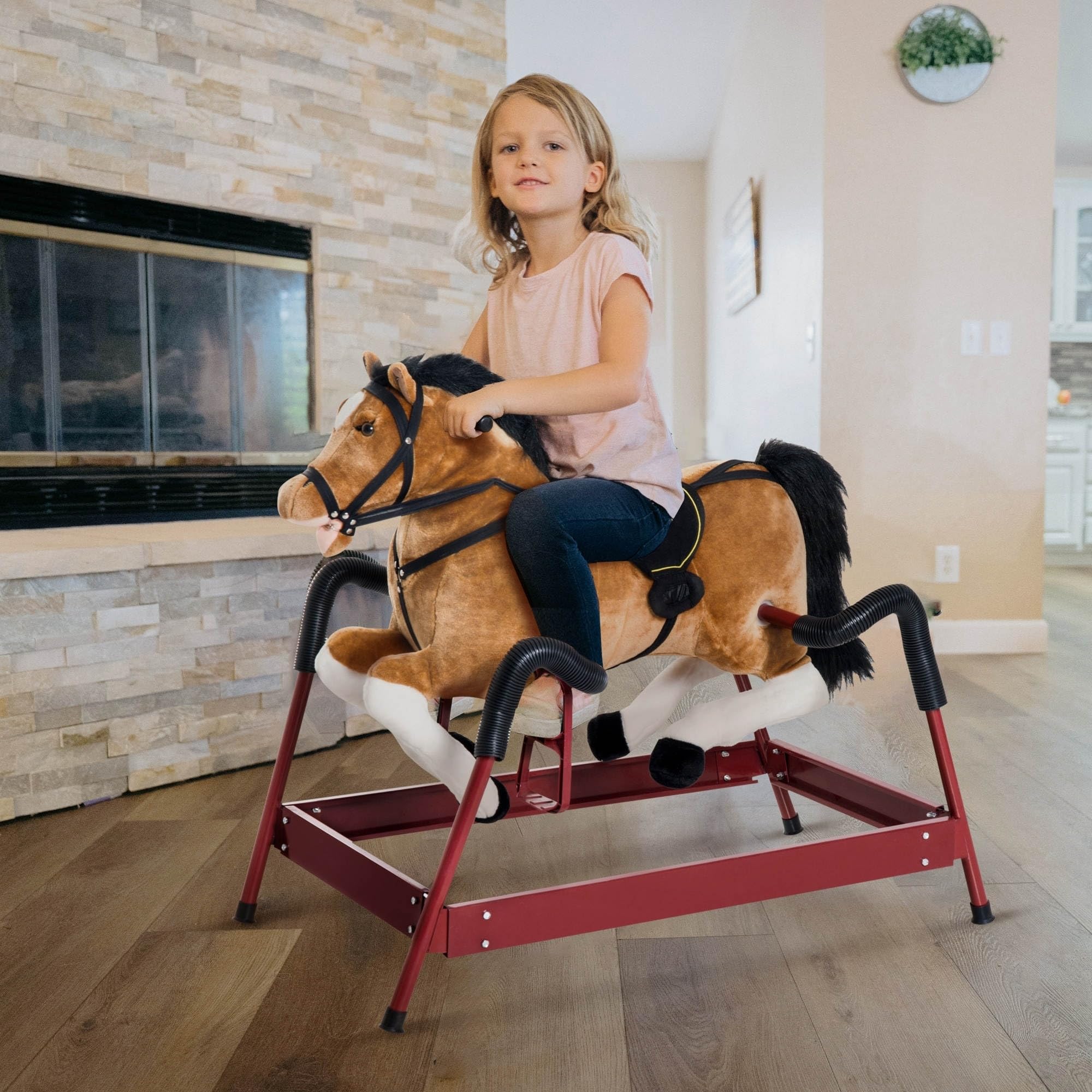 Qaba Durable Plush Toddlers Spring Rocking Horse, Bouncing Rocker Toy with Realistic Sounds