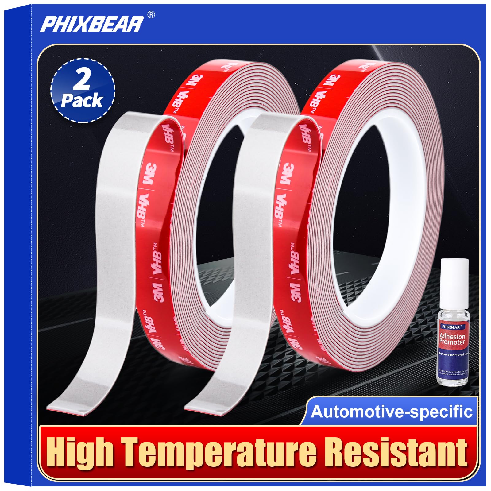 PHIXBEAR Super Strong Adhesive Tape, Made of 3M VHB, Automotive Double Sided Tape,Heavy Duty Mounting Molding Tape fits Car Trim, 2 Pack 0.6Inx15Ft