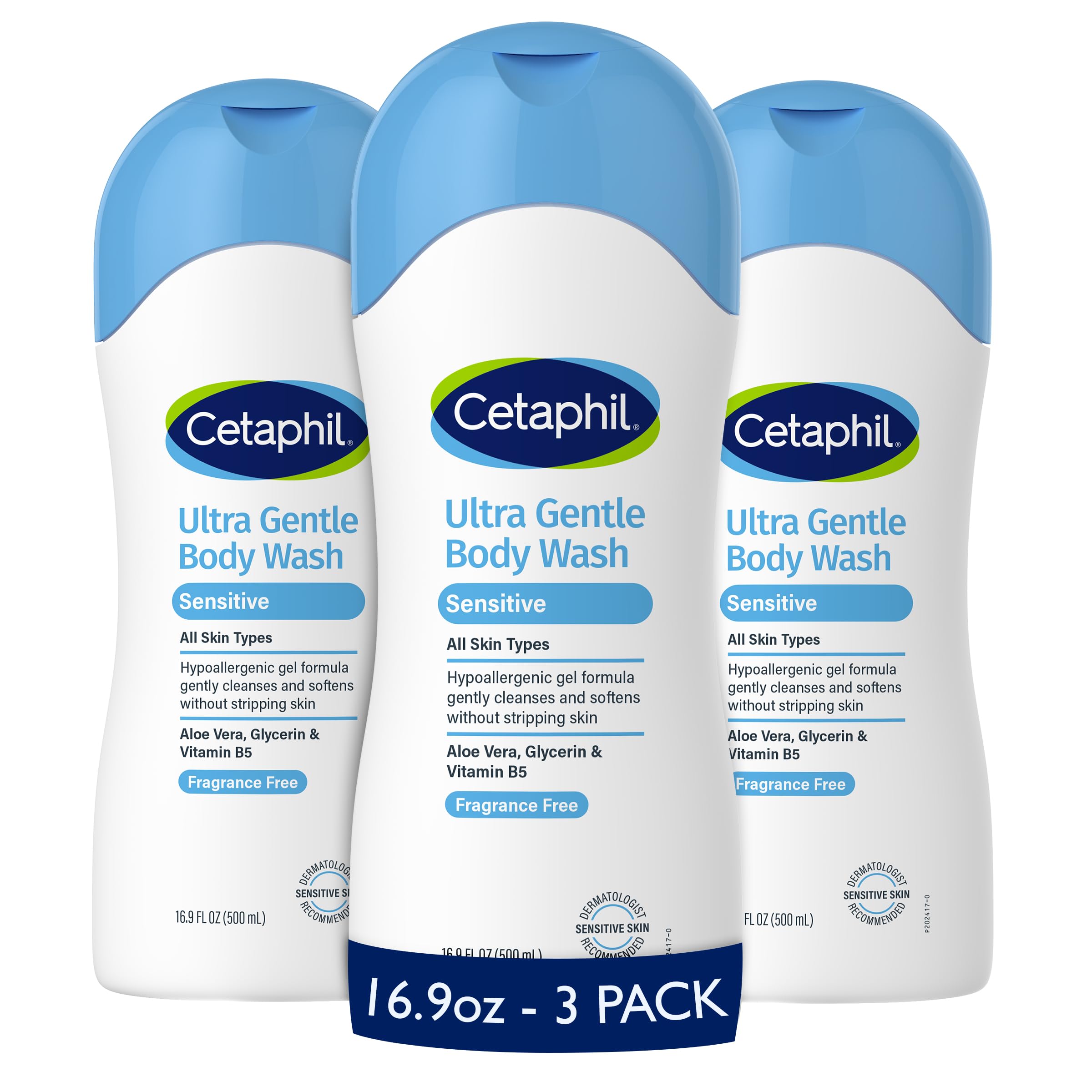 Cetaphil Ultra Gentle Body Wash, For Dry to Normal, Sensitive Skin, 16.9oz Pack of 3, Aloe Vera, Vitamin B5, Hypoallergenic, Paraben Free, Fragrance Free, Dermatologist Tested