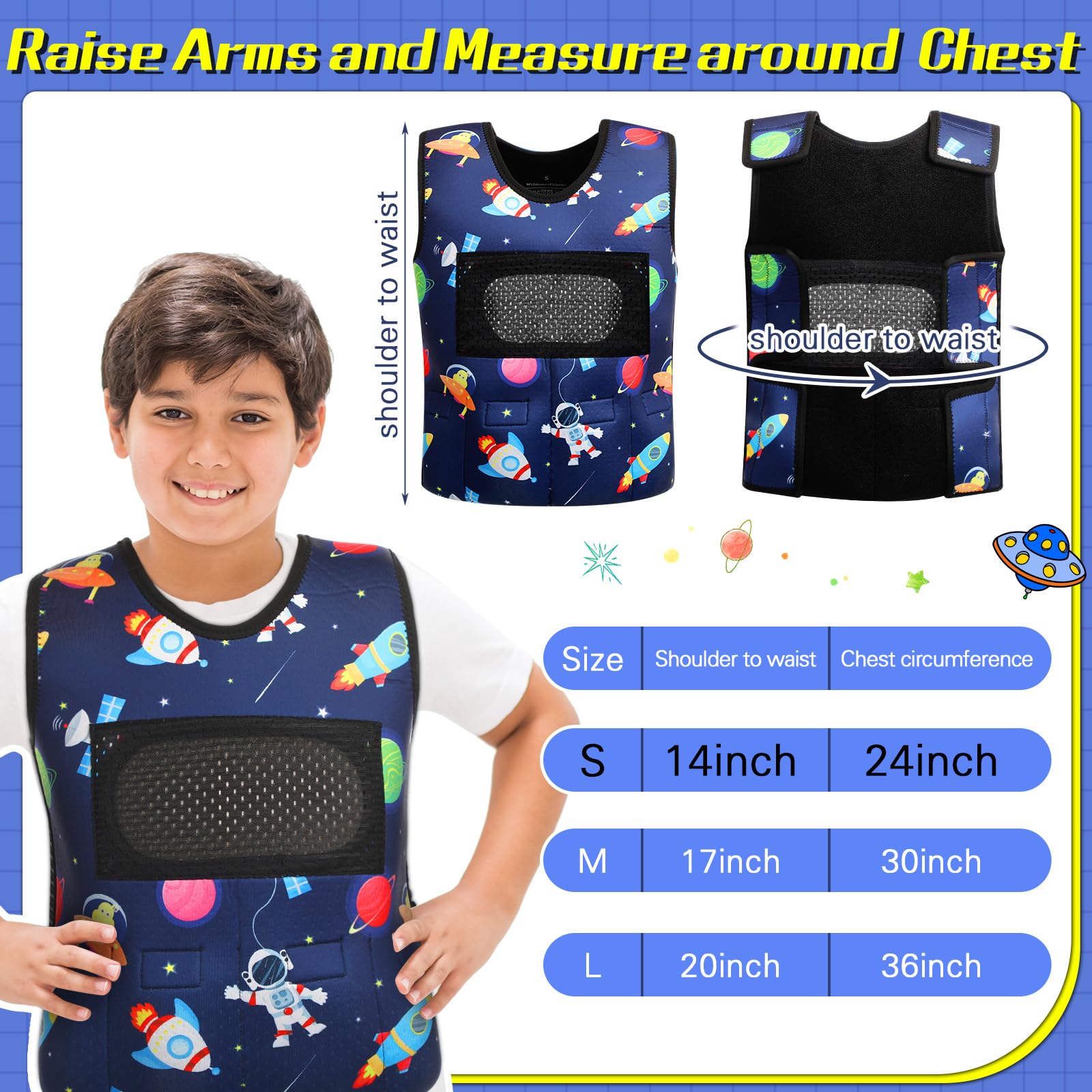 Janmercy Weighted Vest for Kids Ages 4 to 7 and Ages 8+ Boy Girl Adjustable Breathable Compression Vest for Processing Issue(Rocket,Small,Dark Blue)
