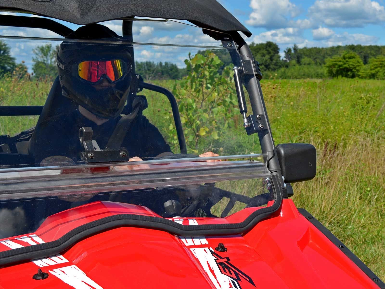 SuperATV Scratch Resistant Flip Windshield for CFMOTO ZForce 500, 800 Trail & EX, 1000 2014-2022, 1/4" Hard Coated Polycarbonate, Comes Preassembled, Can be Closed, Vented, or Fully Open, USA Made