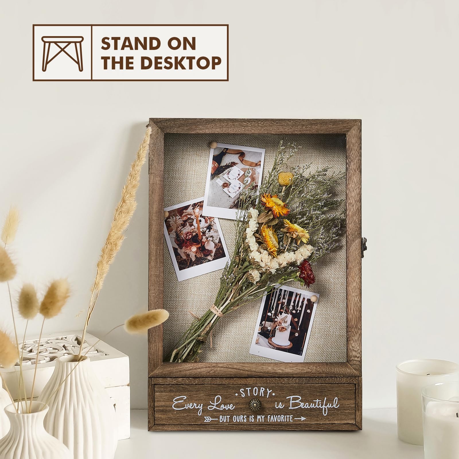 AW BRIDAL 11X16 Large Shadow Box Picture Frames Deep Shadow Boxes Display Cases with Removable Shelves and Drawers, Brown Wooden Memory Boxes for Keepsakes with Slot