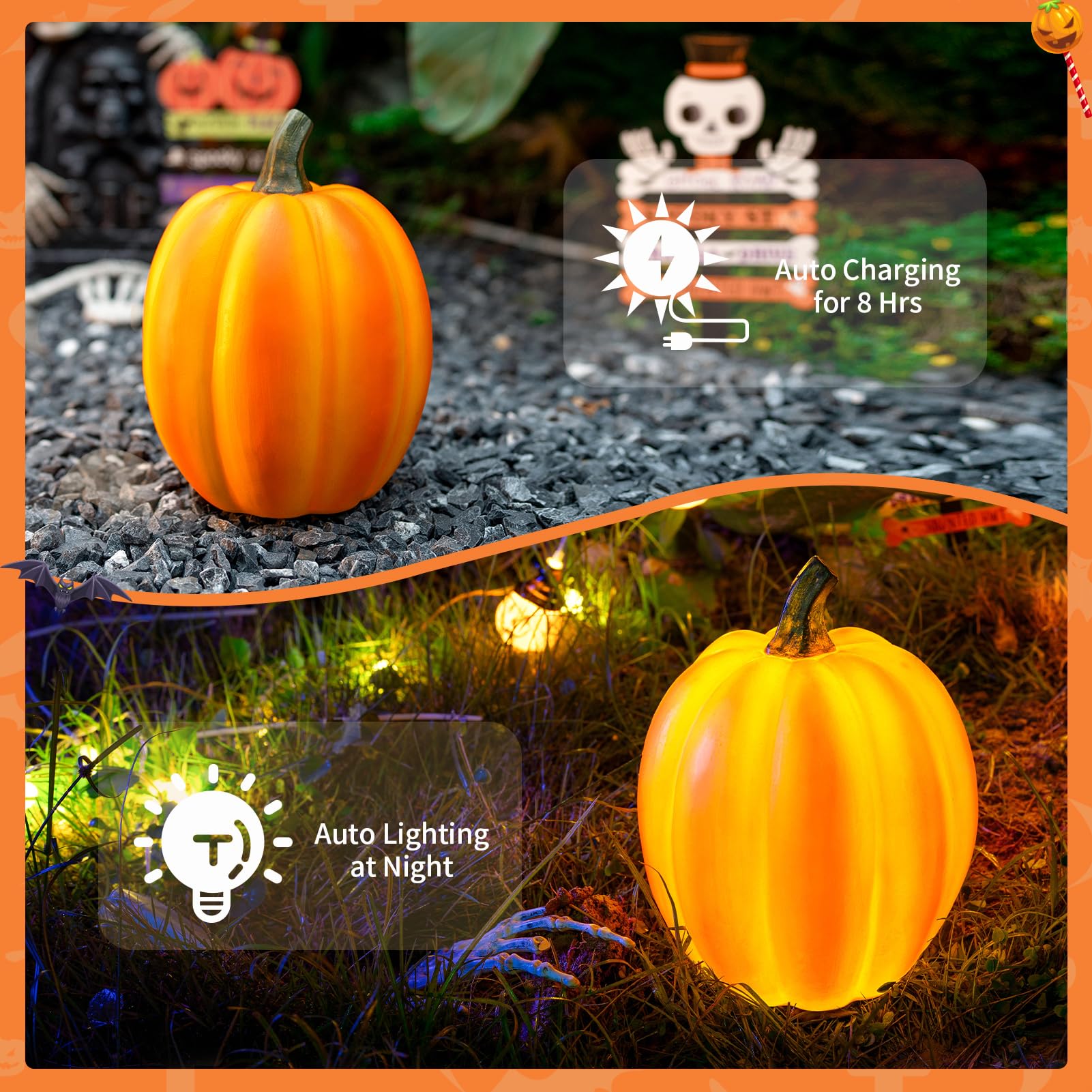WONDHOME Solar Pumpkin Garden Statues Halloween Pumpkin Decorations Outdoor Pumpkin Lights Fall Decorations for Porch Terrace Yard Lawn Patio,Orange Pumpkin