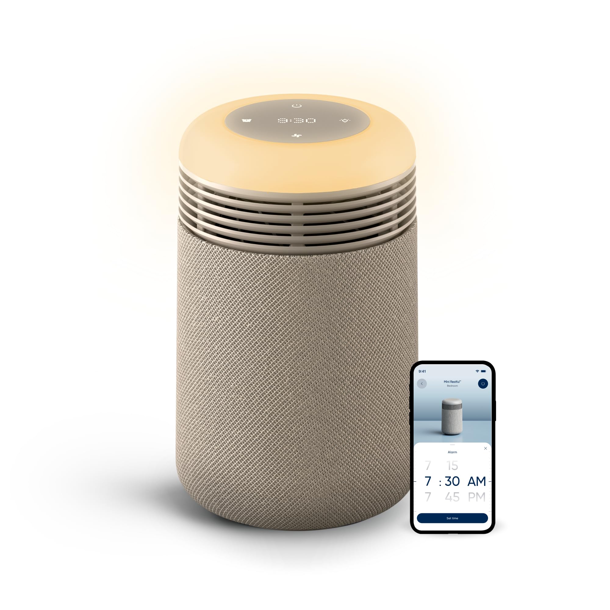 BLUEAIR Purifier for Bedroom - Mini Restful - Sunrise Clock with HEPASilent Filtration and Wake Up Light - Cleans Air and Supports Circadian Rhythm - USB-C and App Connectivity, Beige