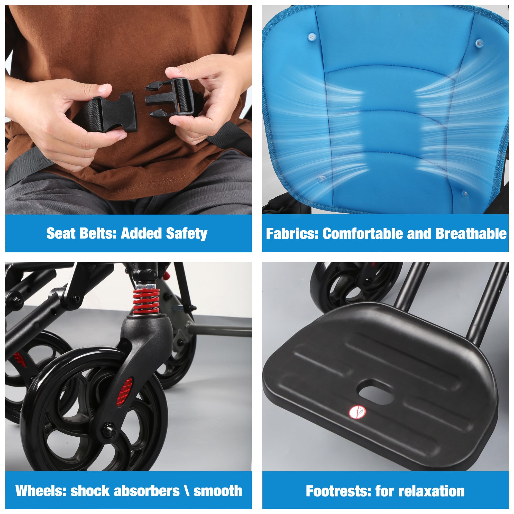 ProTraverse Wheelchairs for Adults,Transport Wheelchair Lightweight Foldable with Removable Cushion,Transport Chair,Ergonomic Travel Wheelchair with Telescopic Handle,Gifts for Grandpa,Blue