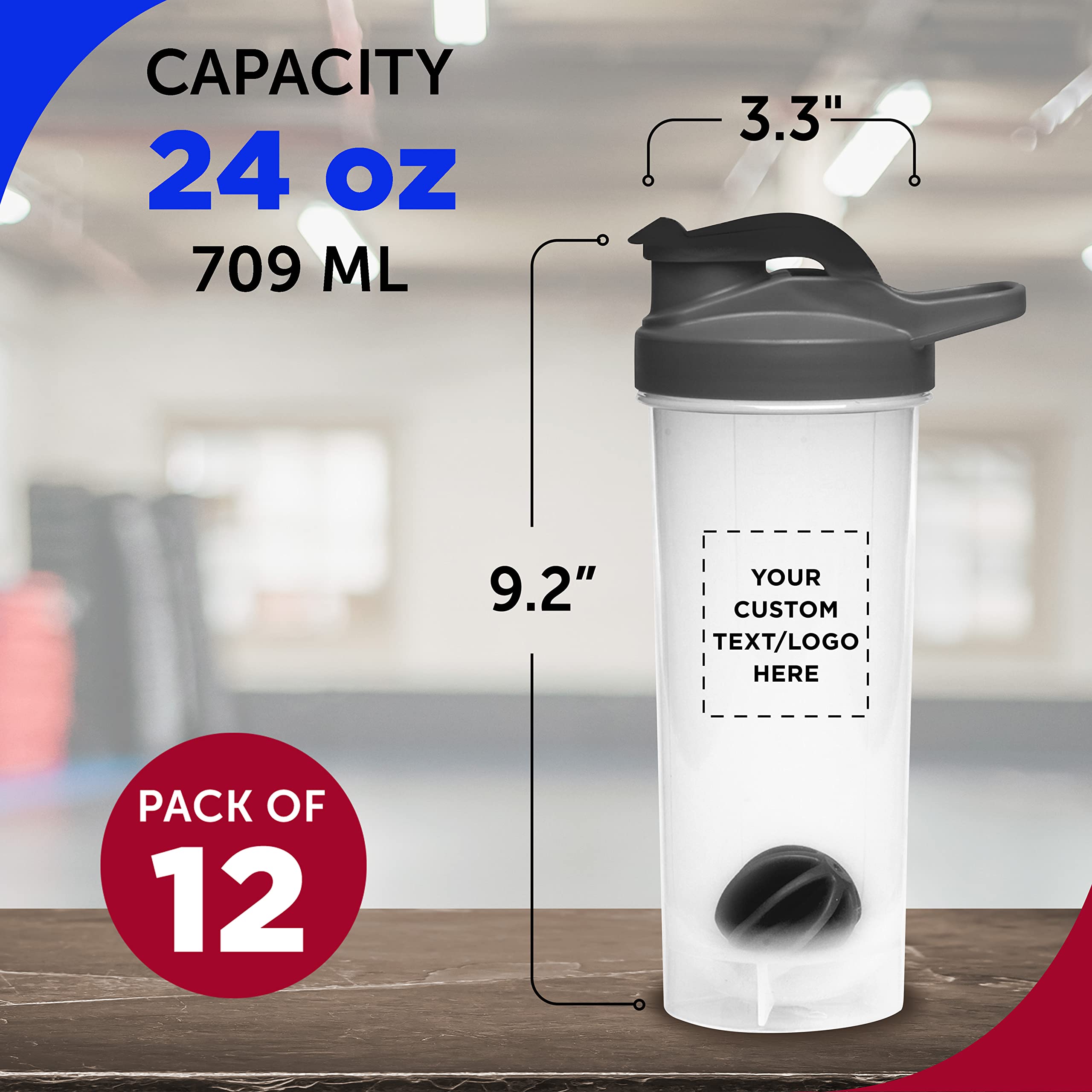 DISCOUNT PROMOS Custom Plastic Shaker Bottles with Mixer 24 oz. Set of 12, Personalized Bulk Pack - Perfect for Protein Shake, Smoothie and More! - Black