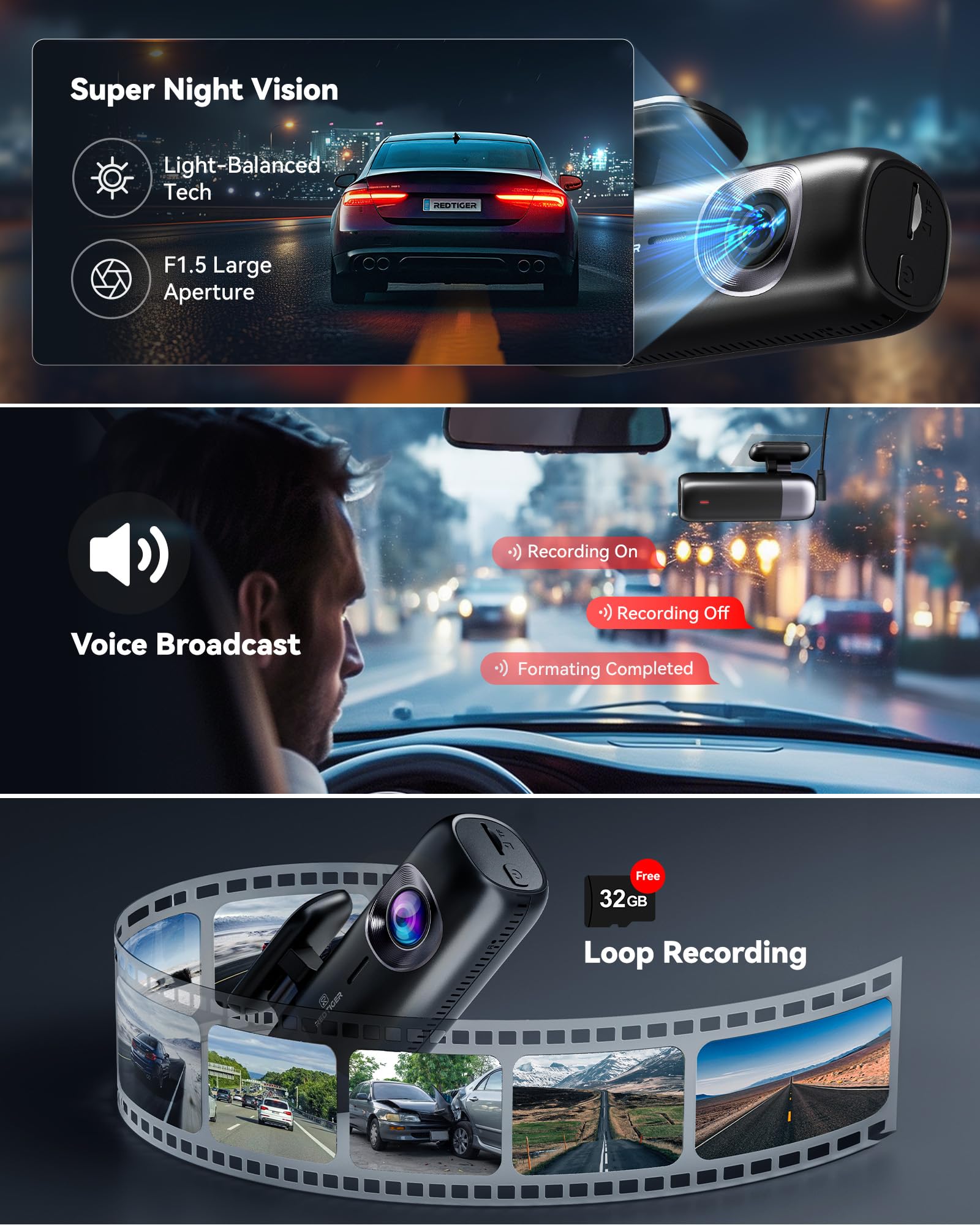 REDTIGER F9 Dash Cam 4K Front and Rear 1080P, WiFi GPS Car Camera with 32GB Card, Dual Dash Camera for Cars, Loop Recording, Night Vision, Parking Mode, Smart App Control, Support 256GB Max