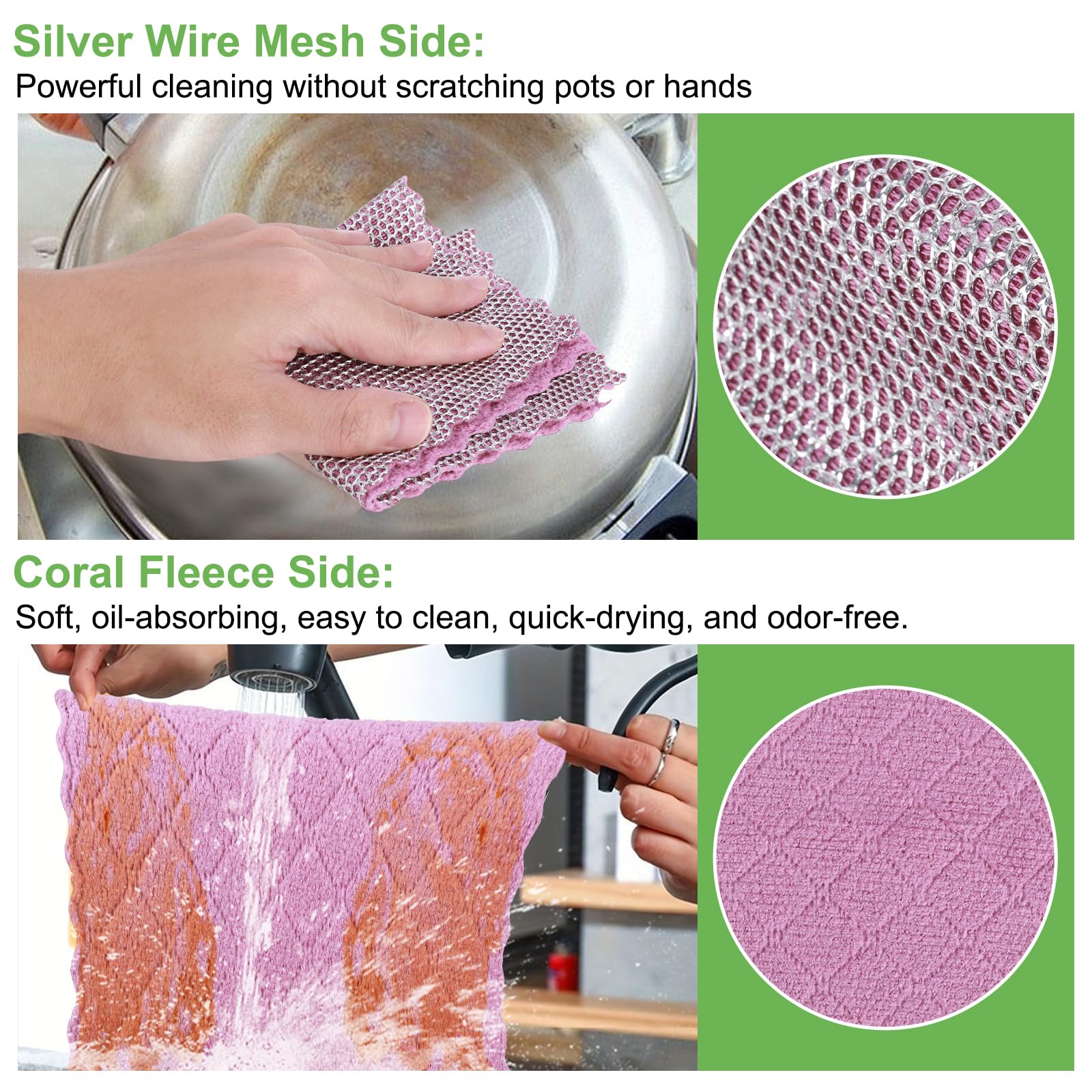 SAYAPE Double-Sided Cleaning Rags - Multipurpose Non Scratch Wire Dishcloth & Microfiber Cleaning Cloths - Reusable Dish Cloth for Kitchen, Car, and Housekeeping - 8-Pack - Gray/Green/Pink/Purple