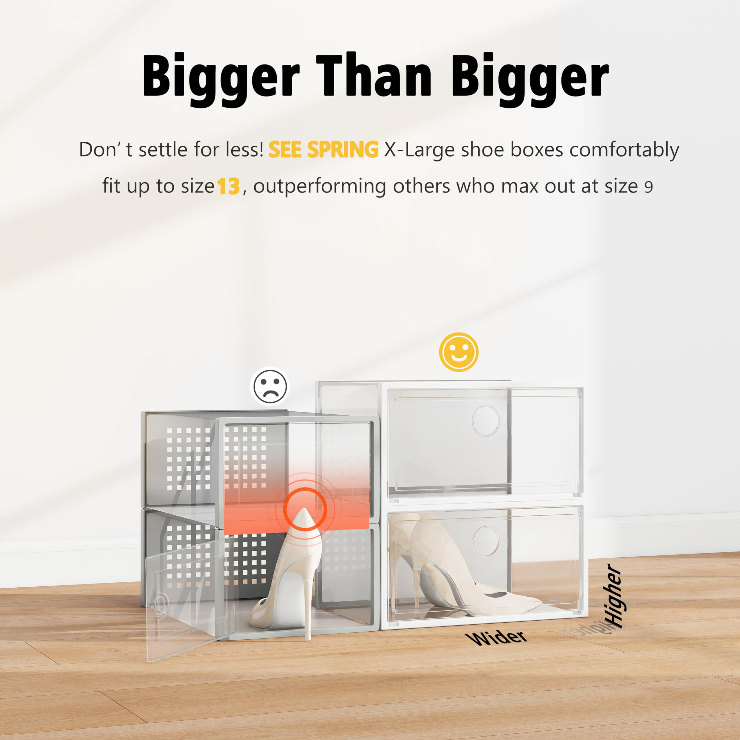 SEE SPRING XX-Large Shoe Storage Box Fit Size 13, Clear Plastic Stackable Shoe Organizer for Closet, Space Saving Sneaker Shoe Rack Containers Bins Holders for Entryway, Under Bed, 12 Pack Clear