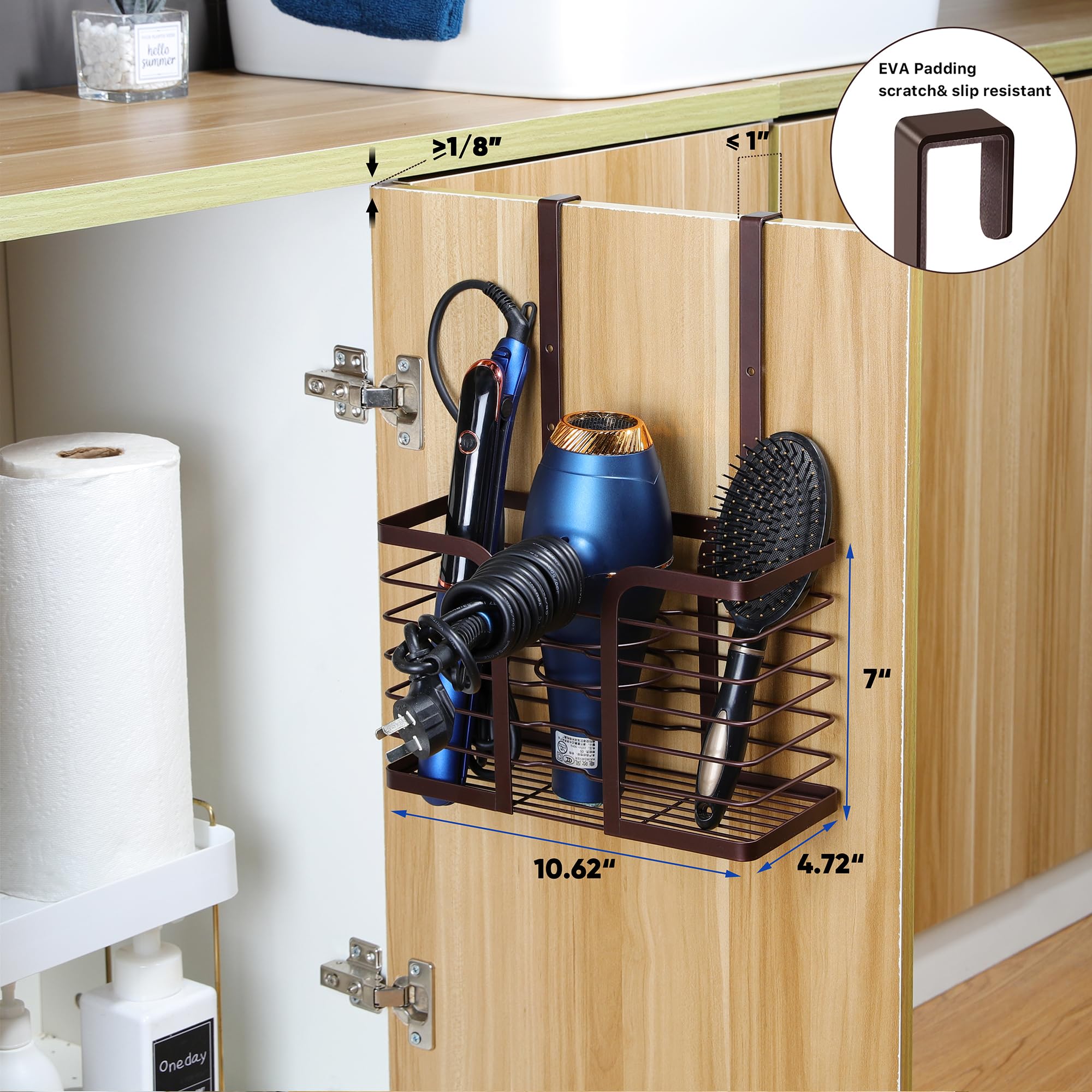 YIGII Hair Dryer Holder - 3-in-1 Blow Dryer Holder Adjustable Height Brown Bathroom Organizer Wall Mounted/Cabinet Door Styling Tools Storage for Hair Dryers, Straighteners