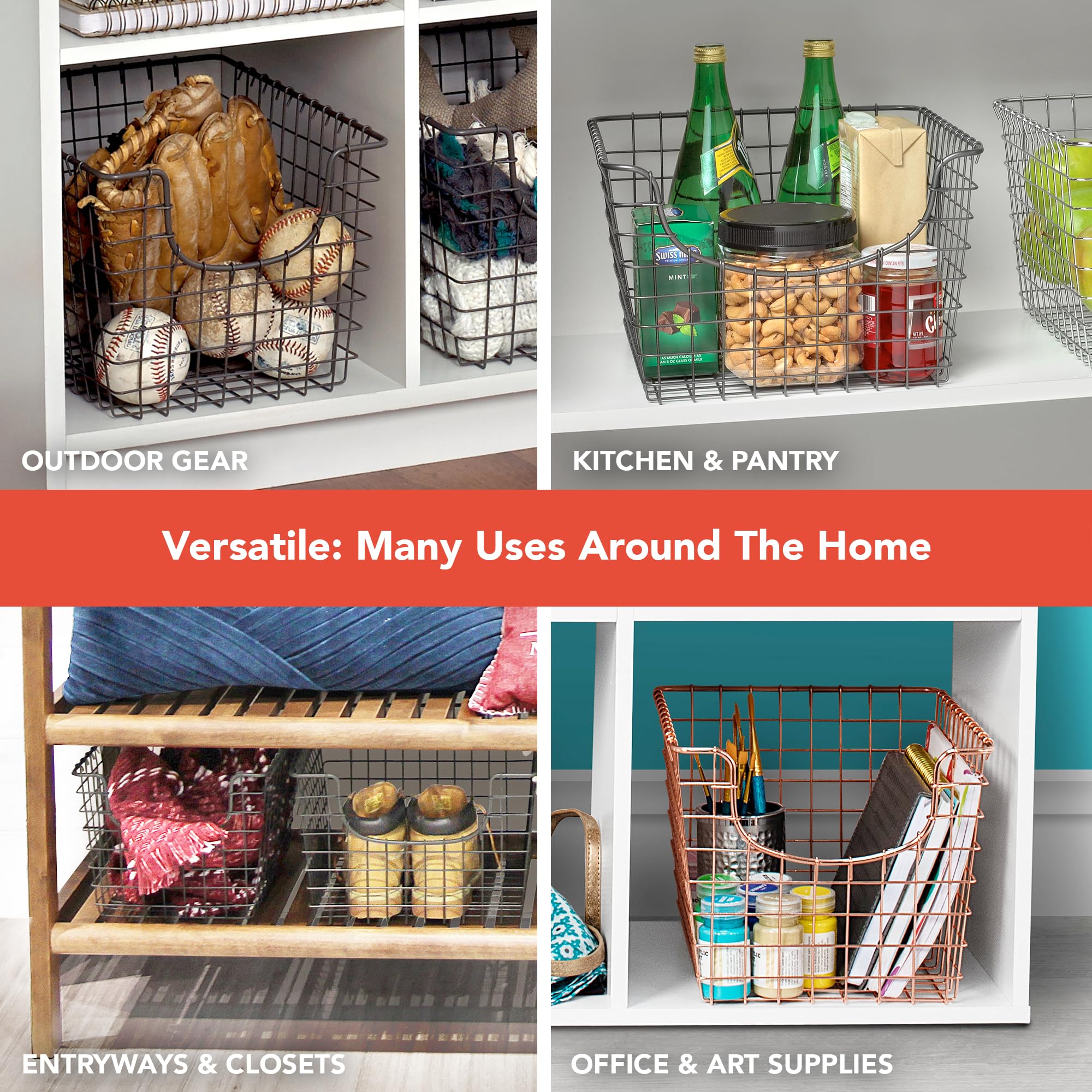 Spectrum Wire Basket for Organizing (Medium, Industrial Gray) - Sturdy Scoop Pantry Basket Storage - Wire Storage Basket Organizer for Kitchen, Shelf, Closet, Bathroom, Garage & More