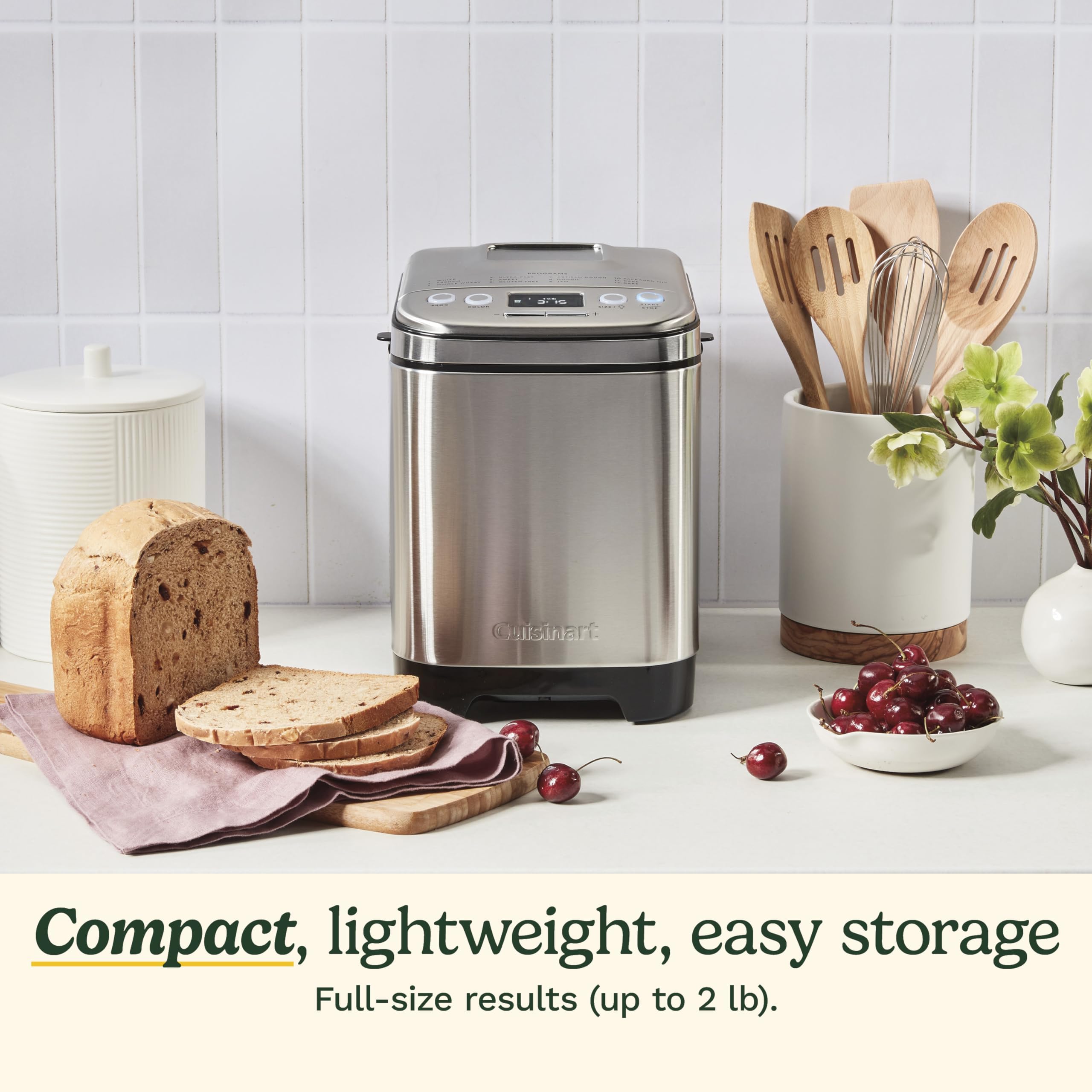 Cuisinart Bread Maker Machine, Stainless Steel Automatic Bread Machine with 12 Menu Options, 3 Loaf Sizes up to 2 Lb., 3 Crust Colors, Removable Nonstick Baking Pan & Kneading Paddle, CBK-110NAS