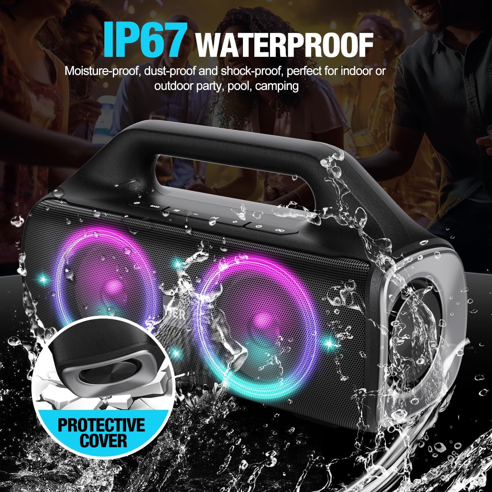 YIER Portable Bluetooth Speakers, 80W Peak Wireless Outdoor Speaker with Subwoofer, Deep Bass, IP67 Waterproof, 100dB Loud Party Speakers for Camping, Beach, Garage
