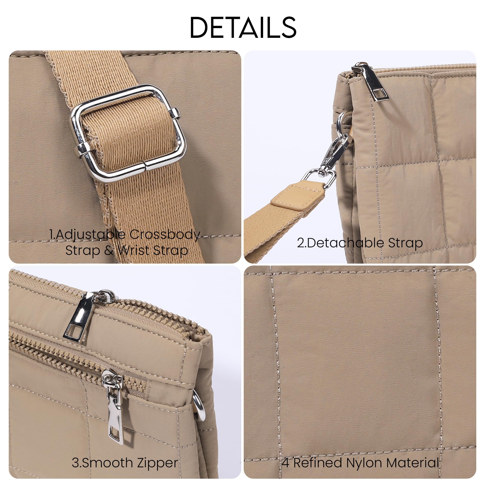 befen Puffer Crossbody Wristlet Bag for Women, RFID-Blocking Crossbody Purse Built-In Wallet, Lightweight Quilted Shoulder Handbag for Travel with Adjustable Guitar Strap &Wrist Strap, Khaki