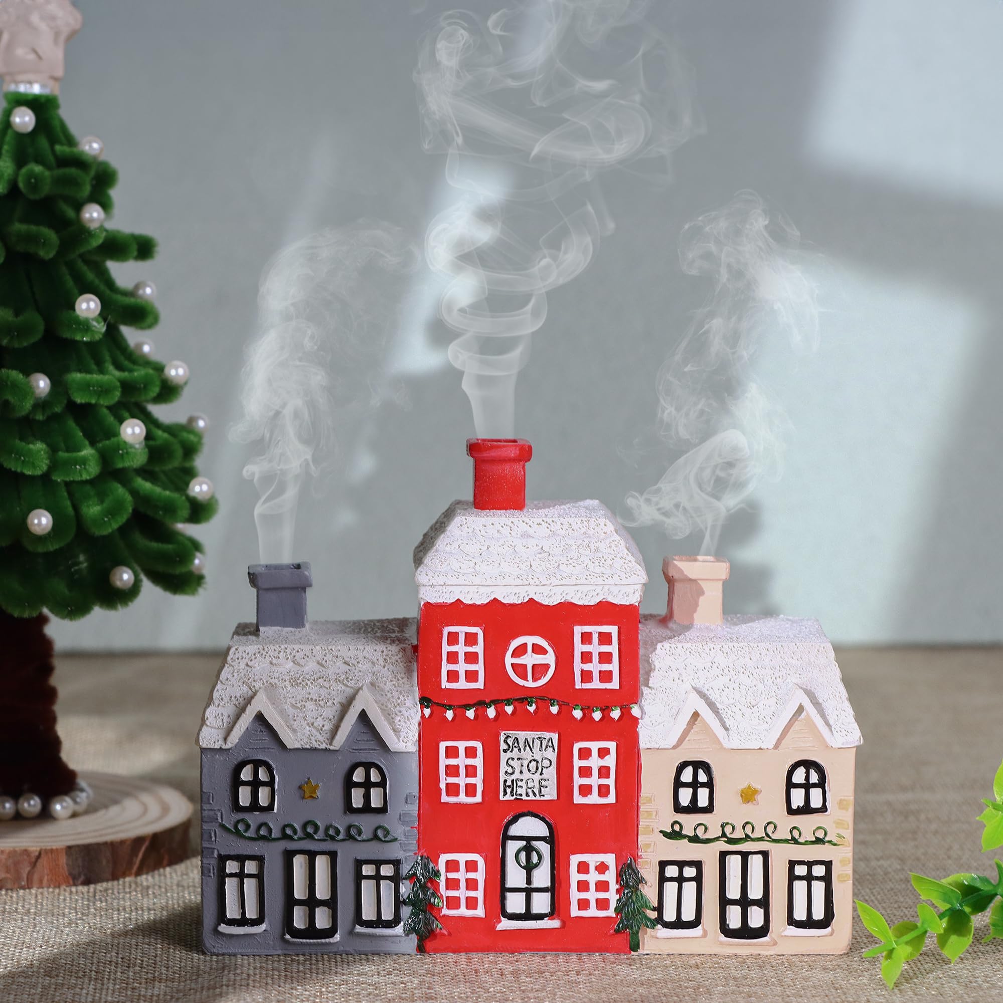 REAWOW Christmas Cabin Incense Burner Gingerbread House Incense Burner Village Incense Cone Holder Log Cabin Incense Burner for Holiday Decor Home Indoor Chimney
