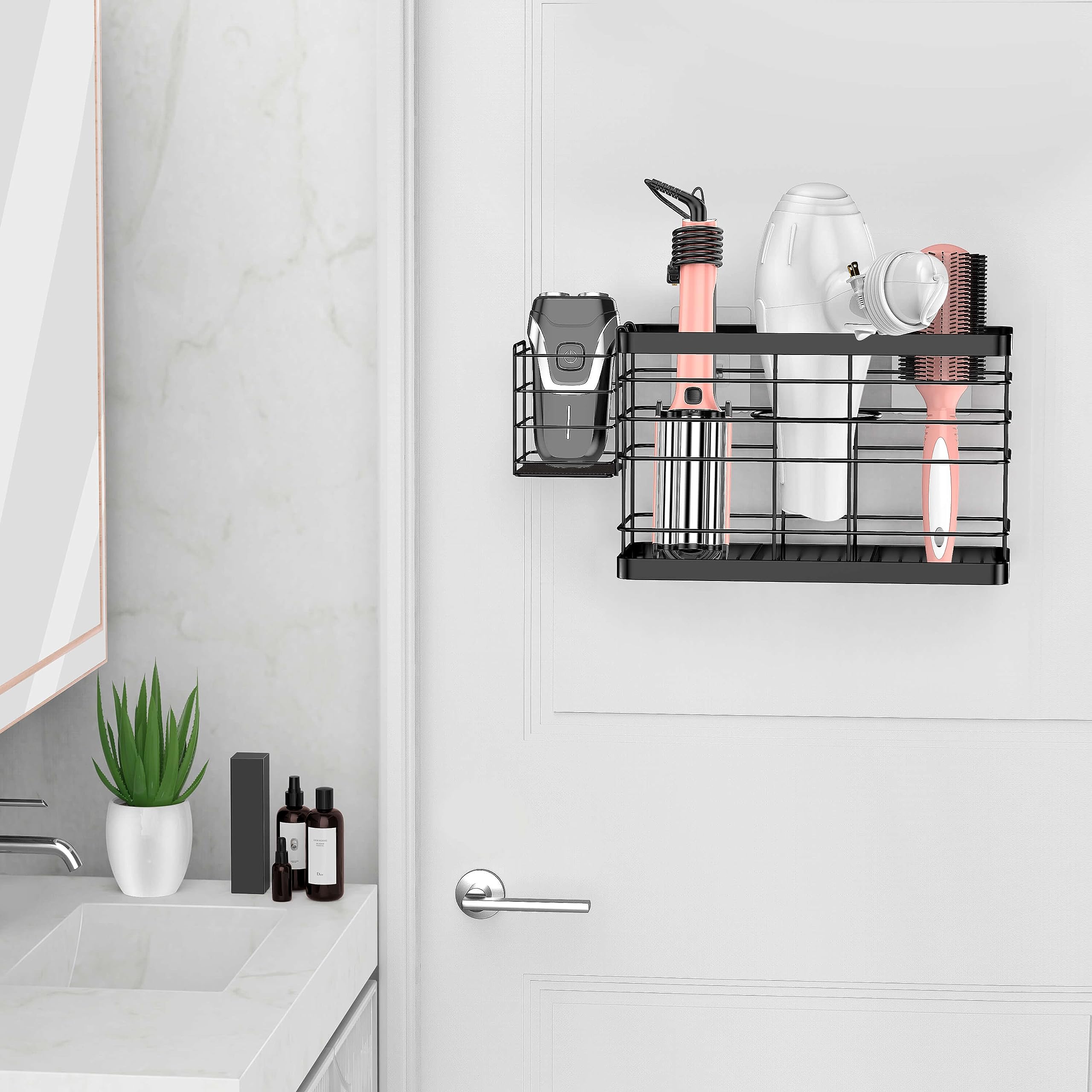 Vecallo Hair Tool Organizer - Black Steel Wall Mounted Hair Dryer Holder with Removable Basket, 10.62"L x 4.33"W x 6.69"H, Ideal for Small Bathrooms