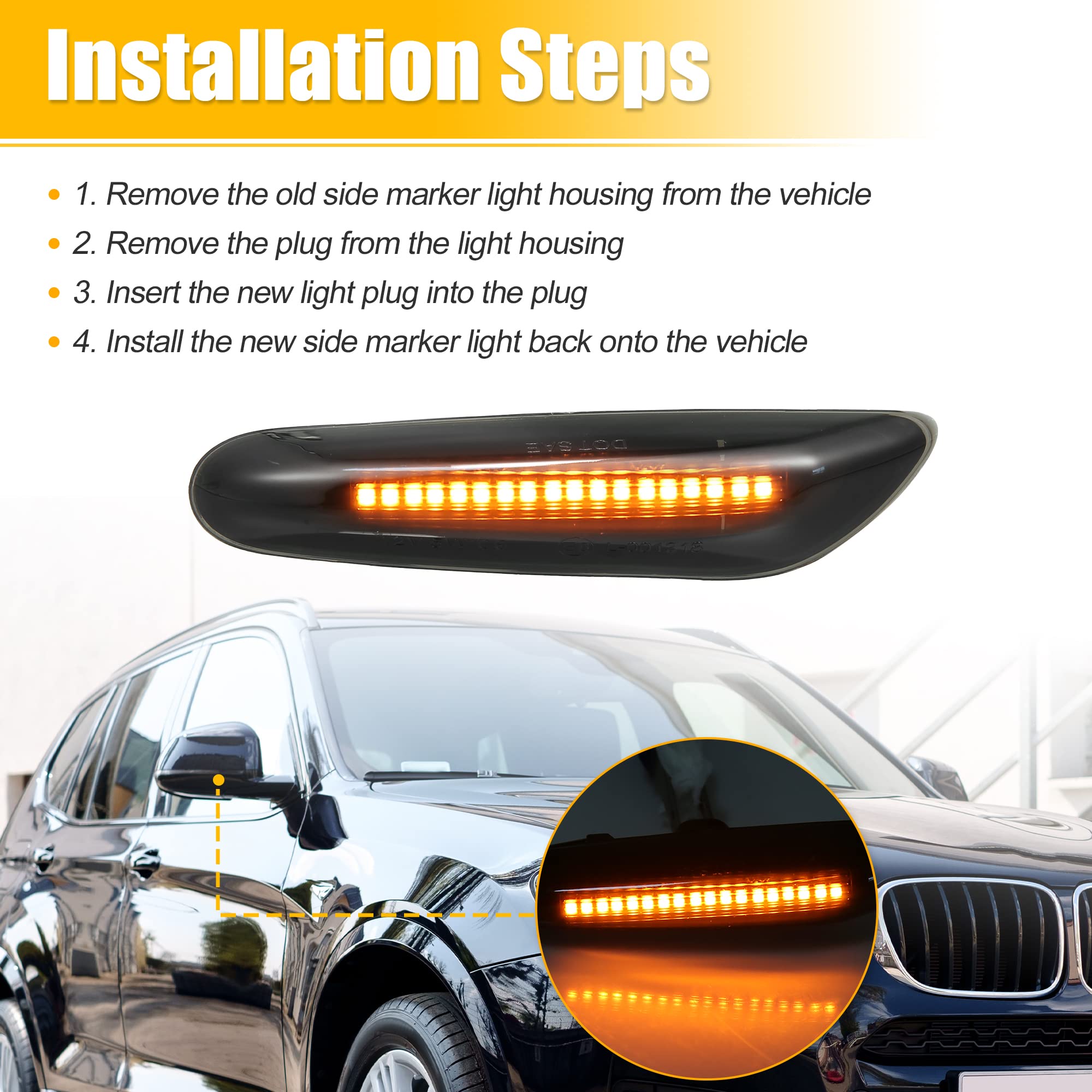 X AUTOHAUX Full LED Side Turn Signals for BMW 1 3 5 Series E36 E46 E60 E87 E90 E92 X1 X3 63133418447 63133418448 Fender Side Marker Amber Light Assemblies Front Flowing LED Lamps Lights 2pcs