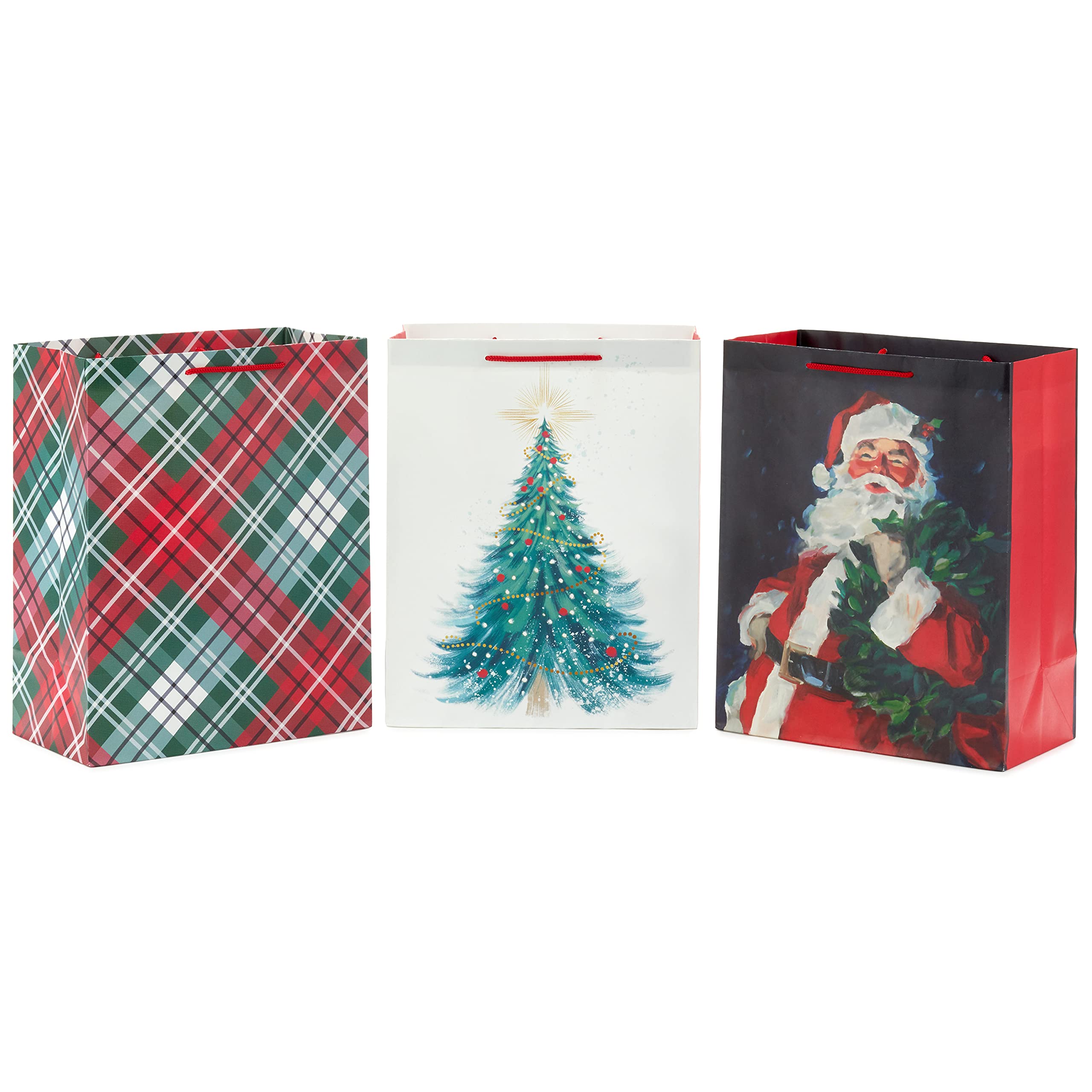 Hallmark 13" Large Christmas Gift Bag Set (3 Bags: Traditional Santa, Red and Green Plaid, Christmas Tree) for Friends, Family, Teachers, Coworkers