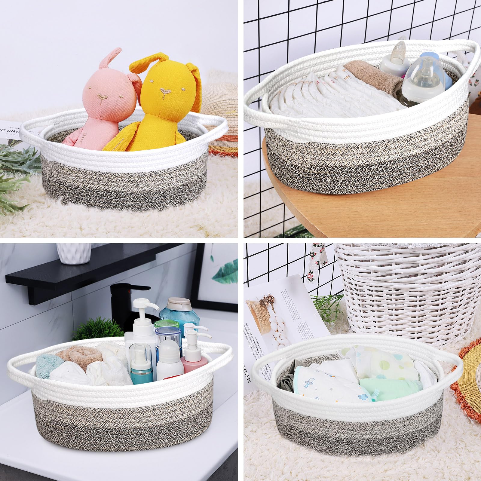 ABenkle Small Woven Basket, 12"x 8" x 5" Cute Small Basket, Rope Room Shelf Storage Basket, Cat Dog Toys Basket Chest Box, Empty Decorative Gift Basket with Handles - White & Mixed Brown & Dark Brown