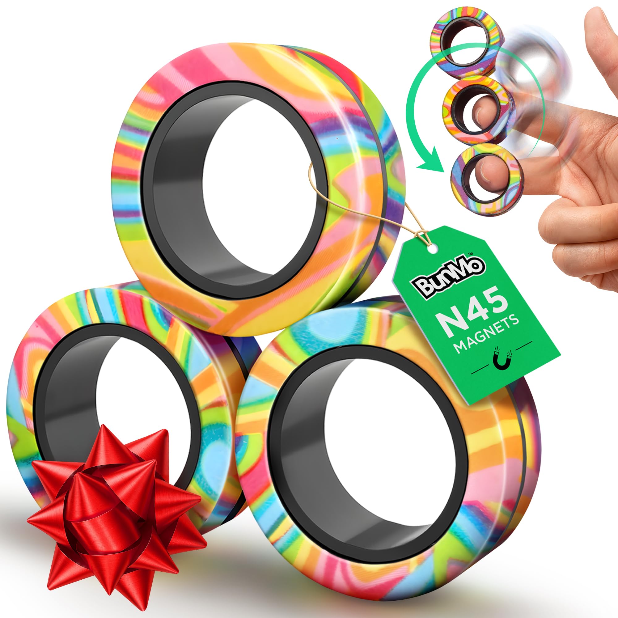 BUNMO Magnetic Rings Stocking Stuffers for Teens - Fidget Toys Adults - Stocking Stuffers for Boys - Magnetic Fidget Rings - Improved Stronger Magnets - Great Teen Gift - Multicolor