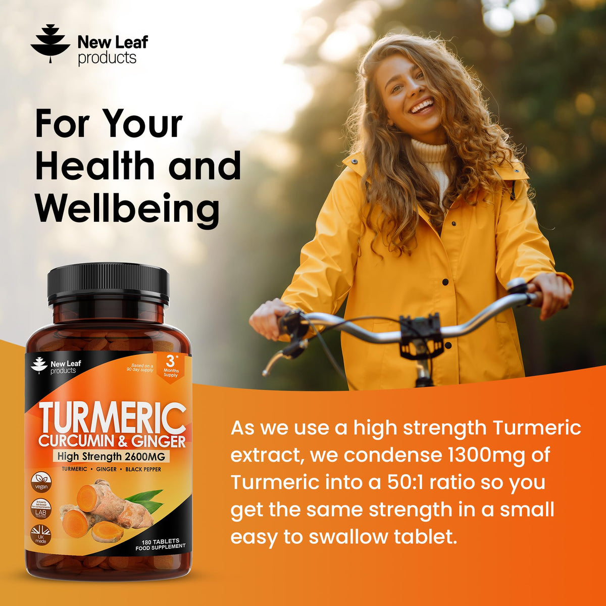 Turmeric Tablets 2600mg with Black Pepper & Ginger - 95% Curcumin Extract 180 and (3 Month) High Strength Active Supplements Not Capsules,by New Leaf