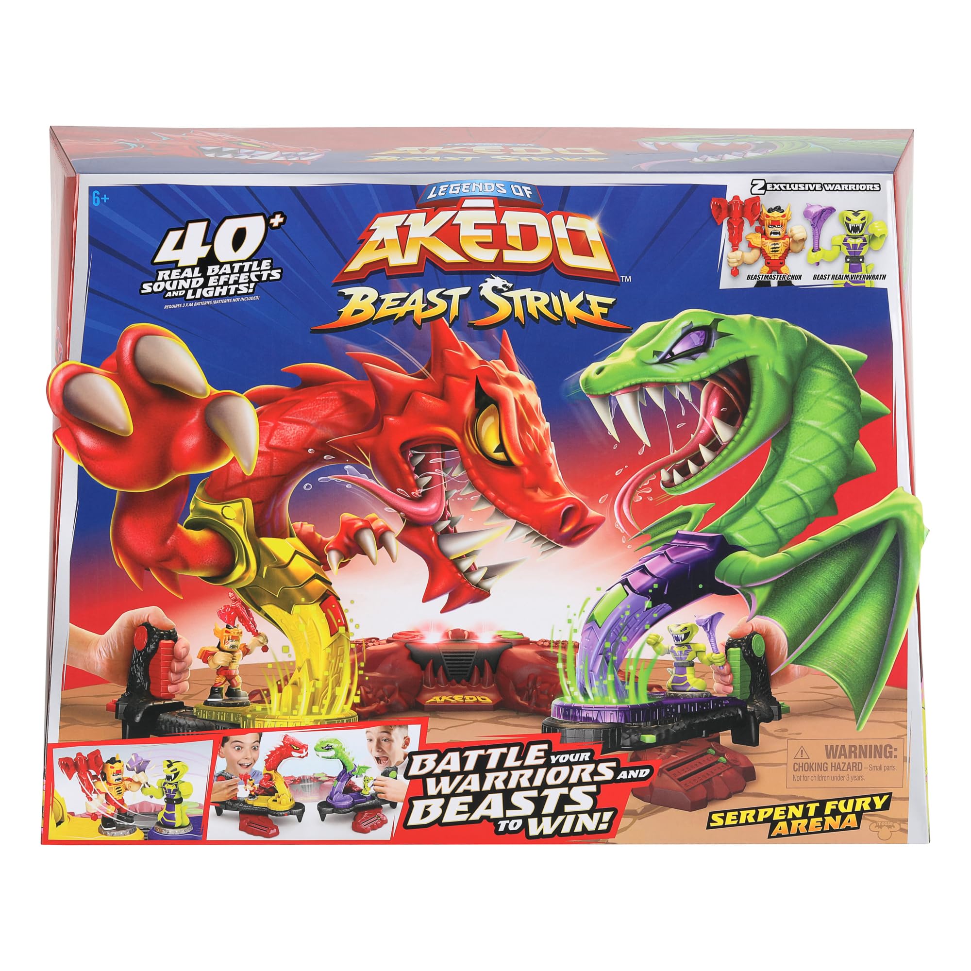 Legends of Akedo Beast Strike Serpent Fury Arena. Battle Your Warriors and Your Beasts to Win! with 40+ Real Sound Effects and Lights and 2 Exclusive Warriors.