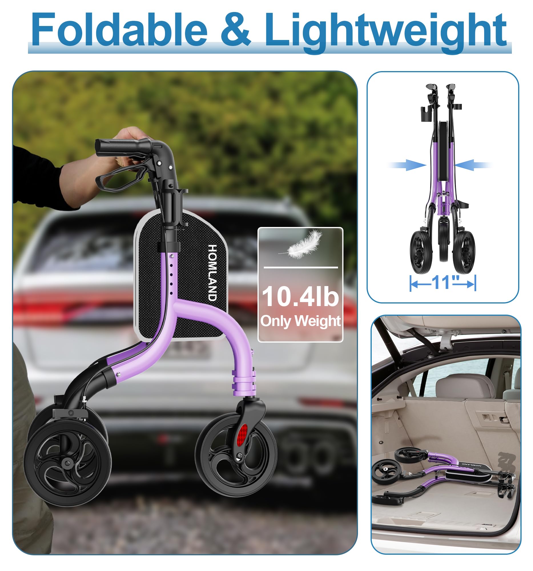 HOMLAND 3 Wheel Walkers for Seniors, Foldable Wheeled Rollator with Cane Hold and Cup Hold, Lightweight Three Wheel Rolling Walker Height Adjustable for Seniors