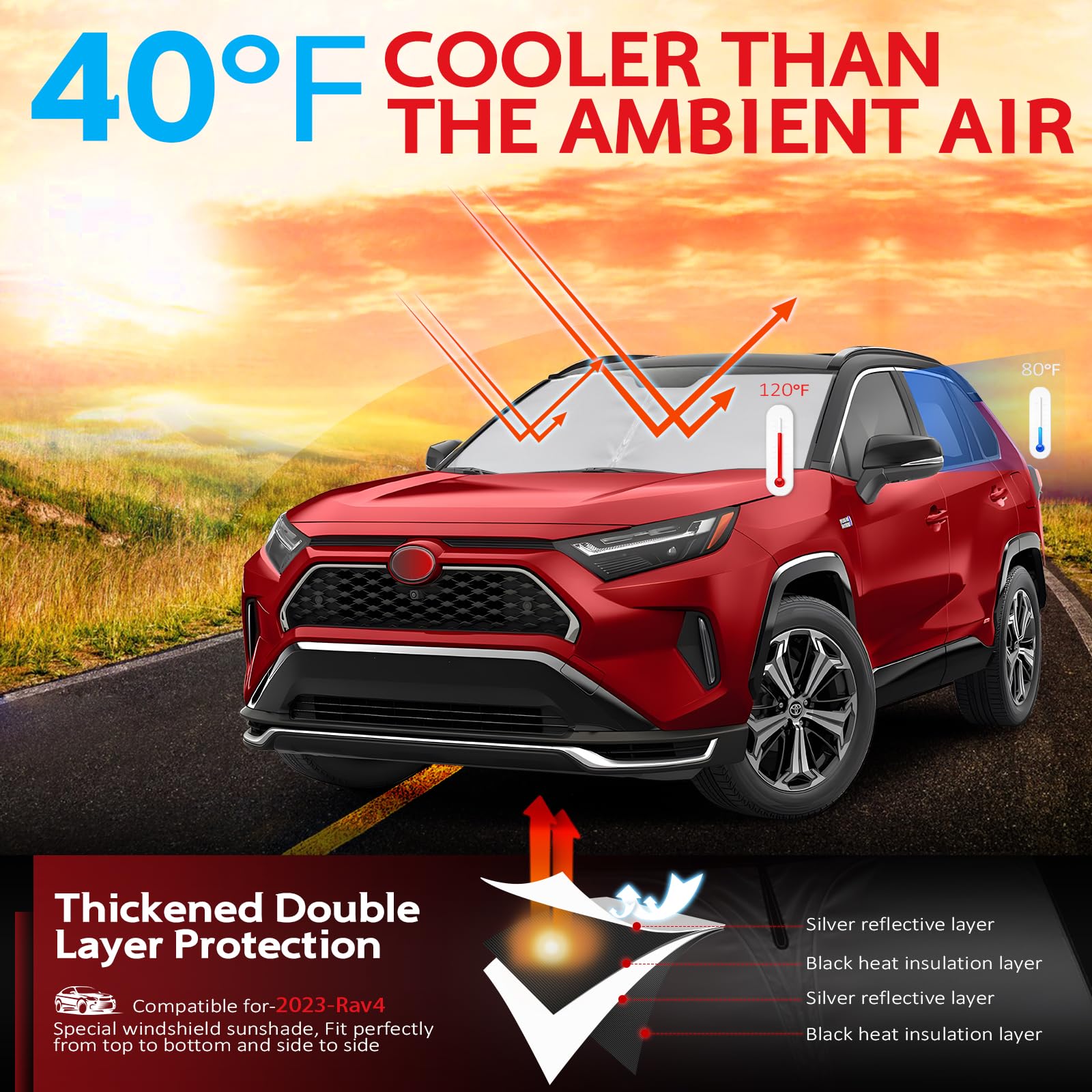 KAYZT Windshield Sun Shade for Toyota RAV4 2019-2024 RAV-4 Foldable Sunshade SUV Front Window Custom Fit Accessories