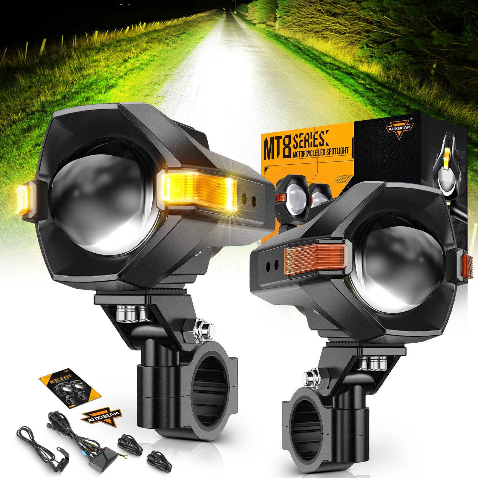 Auxbeam Motorcycle LED Fog Lights Driving Lights Amber Auxiliary Light, MT8 Series LED Spotlight with 8 Modes Dual Color, 60W 6000LM Off-Road Work Light for Motorcycle ATV UTV Dirtbike Truck