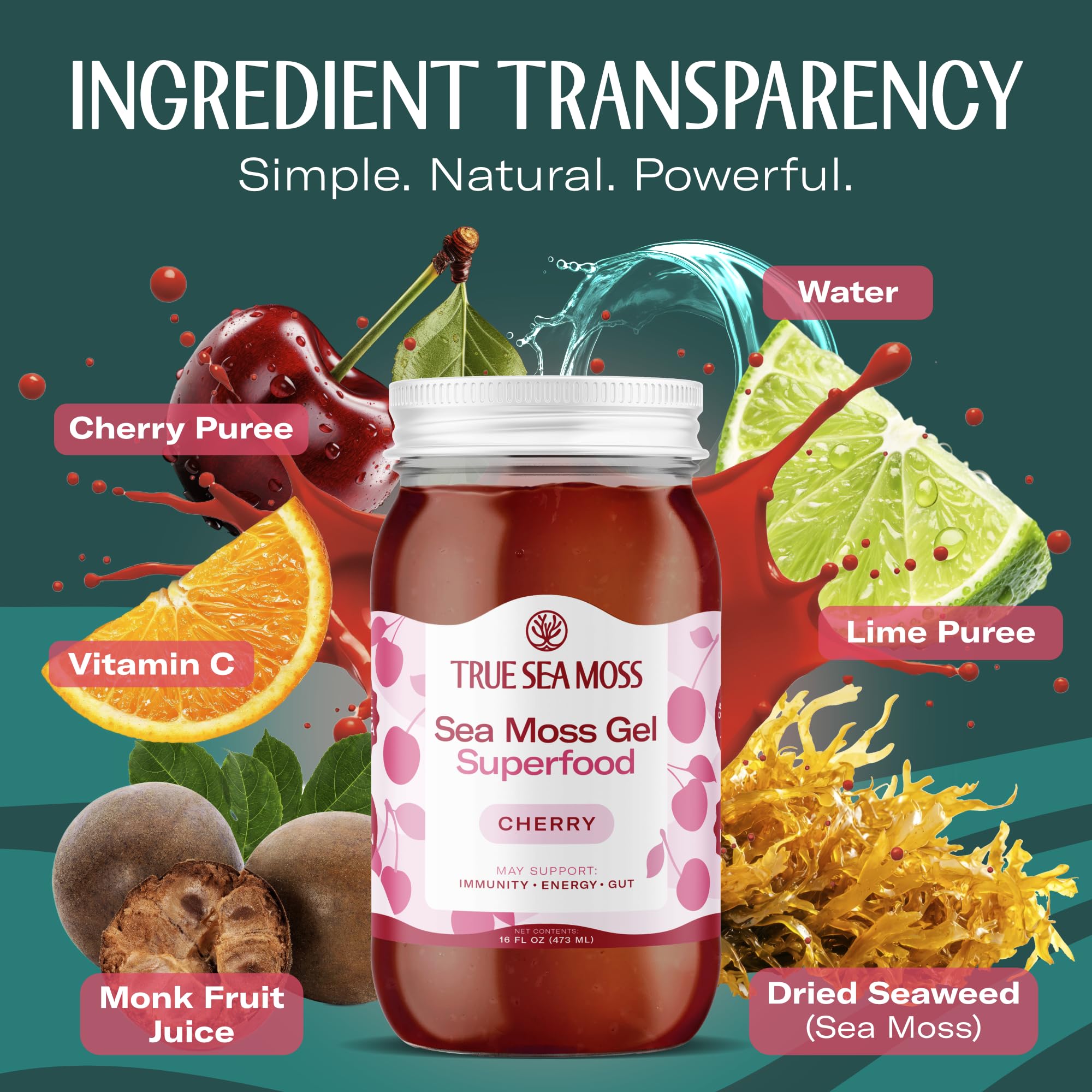 TrueSeaMoss Sea Moss Gel – Made in USA – Wildcrafted Seamoss, Fresh Fruits & Sea Vegetables – Cherry, Pack of 1 (Labels may Vary)