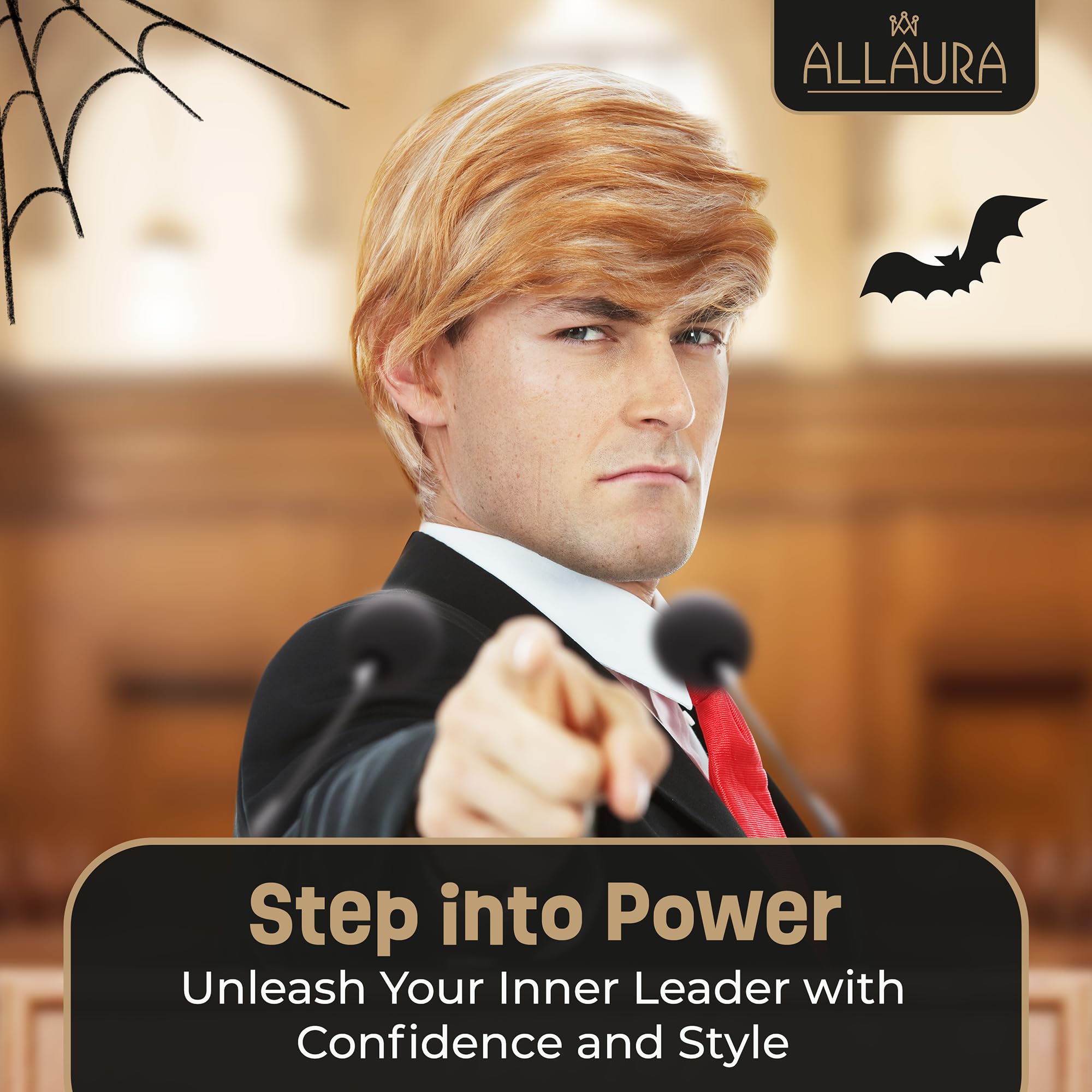ALLAURA 3pc Donald Wig + Flag Pin + Red Tie | Donald Costume For Adults | Toupee Blonde Donald Wig Couples Halloween Costumes Compatible with Donald Hair Wig