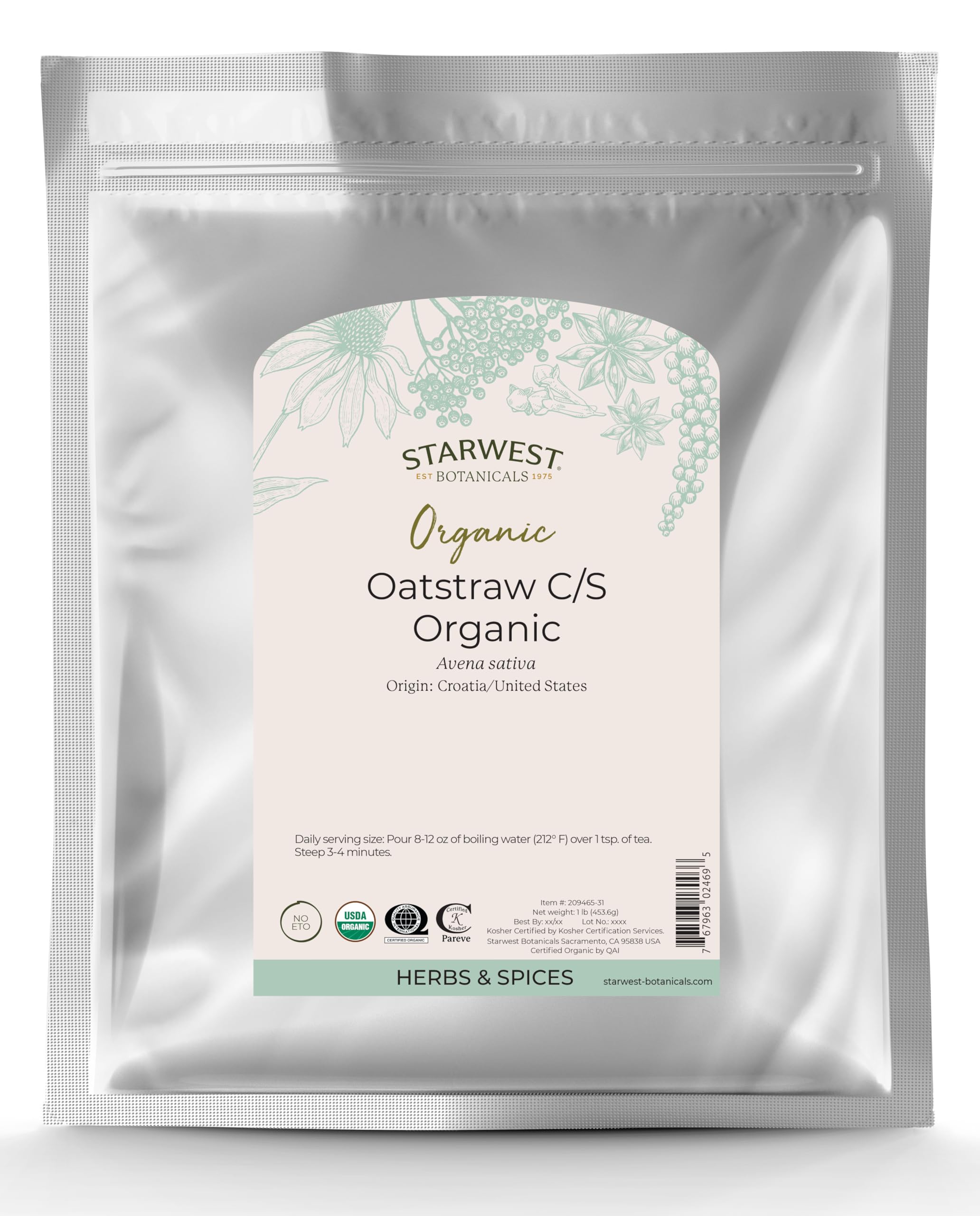 Starwest Botanicals Organic American Oatstraw Herb Loose Tea Cut and Sifted, 1 Pound Bulk Bag