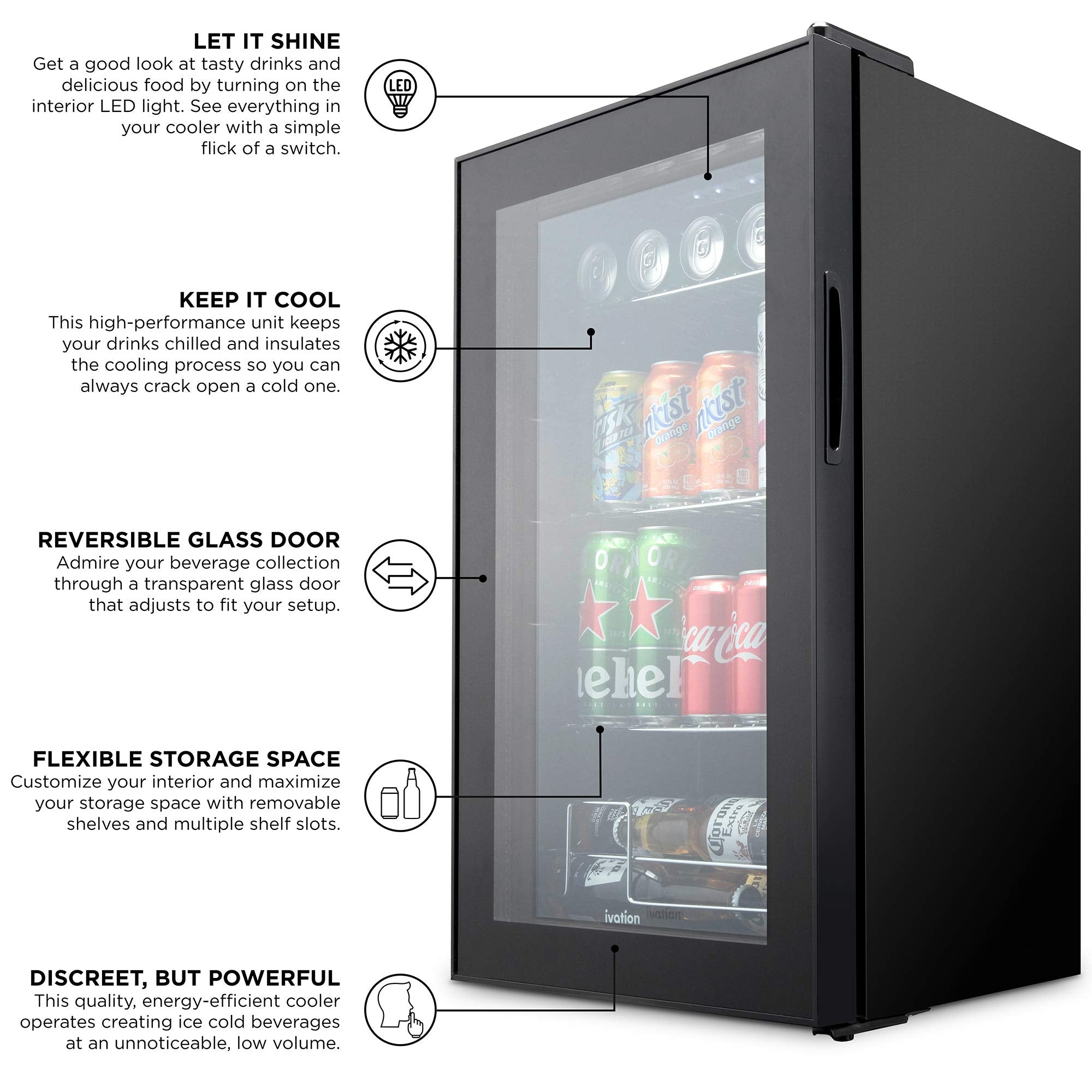 Ivation IVABC1010B 101 Can Beverage Refrigerator Freestanding Ultra Cool Mini Drink Fridge, Black