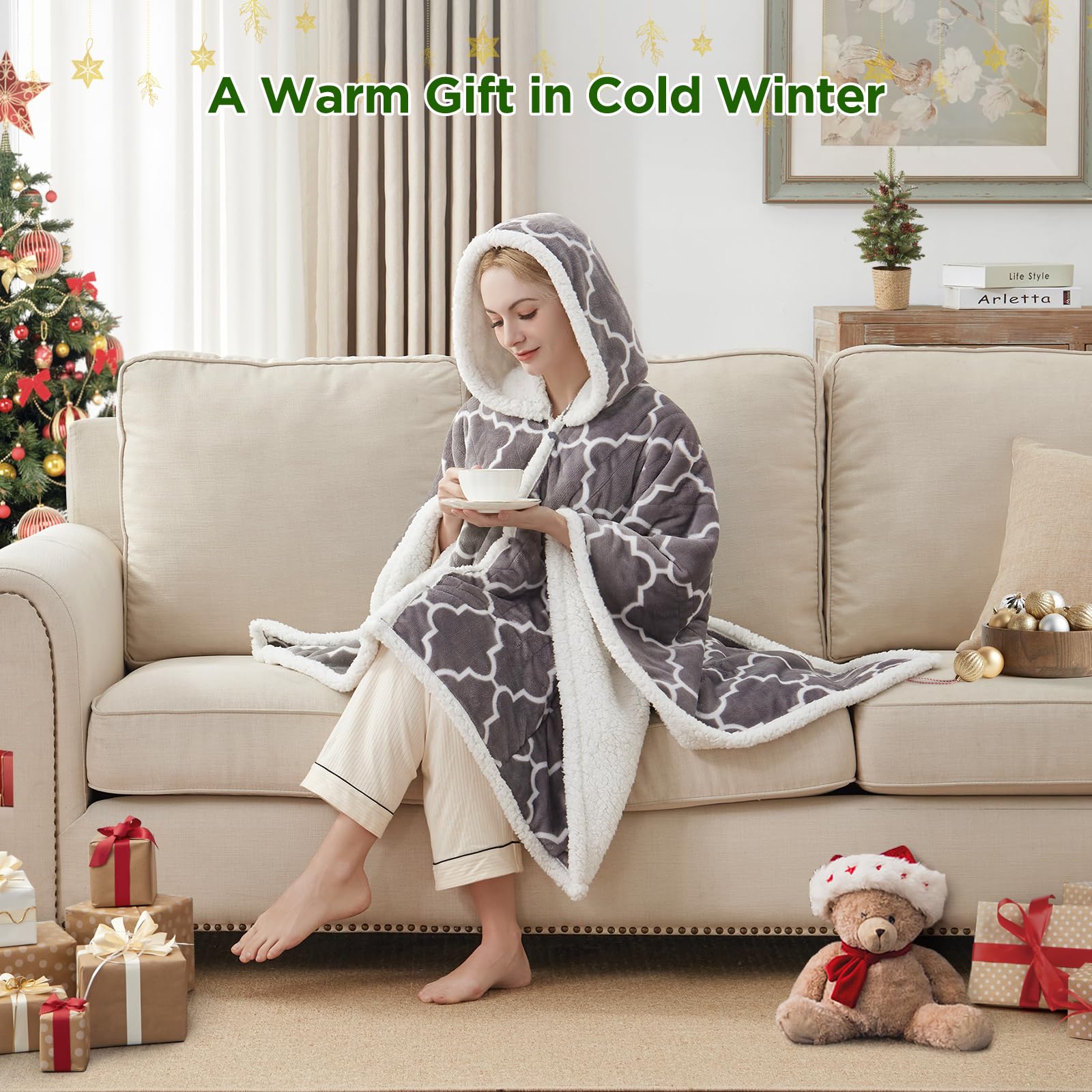 Westinghouse Heated Throw Blanket Wearable Shawl, Electric Wrap Poncho Blanket Hoodie with 6 Heating Levels & 2-10 Hours Time Settings, Winter Gifts for Mom Girlfriend Grandma, 50x60 Inch, Grey