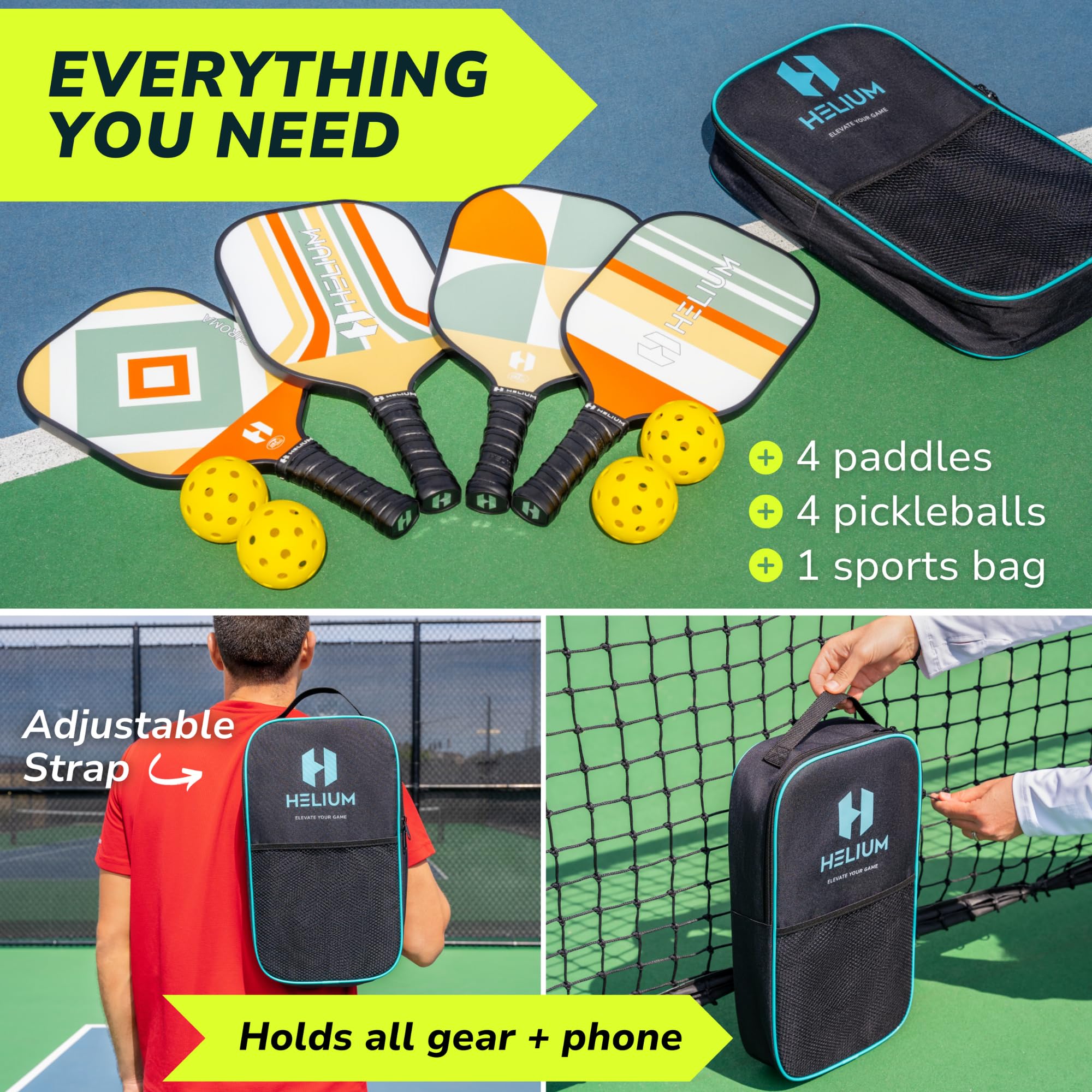 Helium Pickleball Paddles Set of 4 - USAPA Certified - Graphite Fiberglass Surface, Lightweight Honeycomb Core