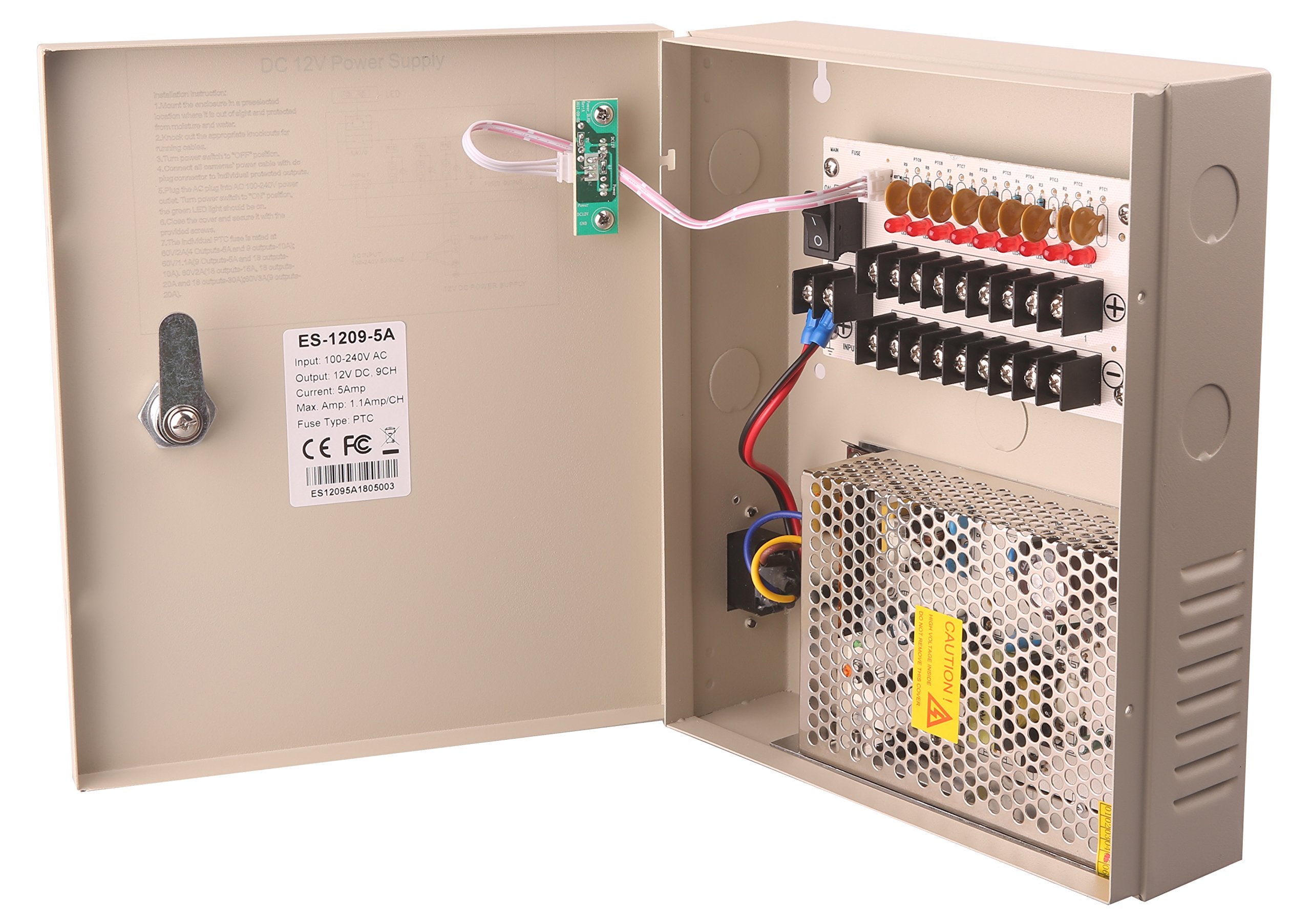 EVERSECU 9 Channel DC12V 5 Amp PTC Fuse CCTV Power Supply with Metal Box, AC Plug and Lock for Security Cameras, DVRs, IP Cameras, CCTV Cameras
