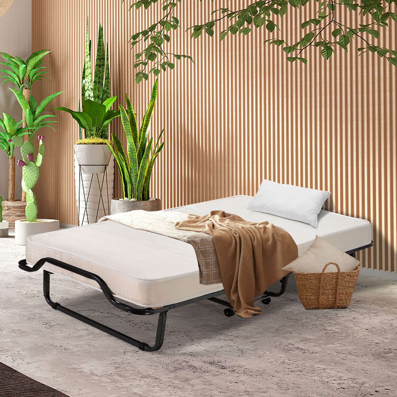 GOFLAME Folding Bed with Memory Foam Mattress, Portable Rollaway Guest Bed with Heavy-Duty Steel Frame & Rolling Casters, Sleeper Bed Cot Size for Adults & Kids, Dustproof Cover Included