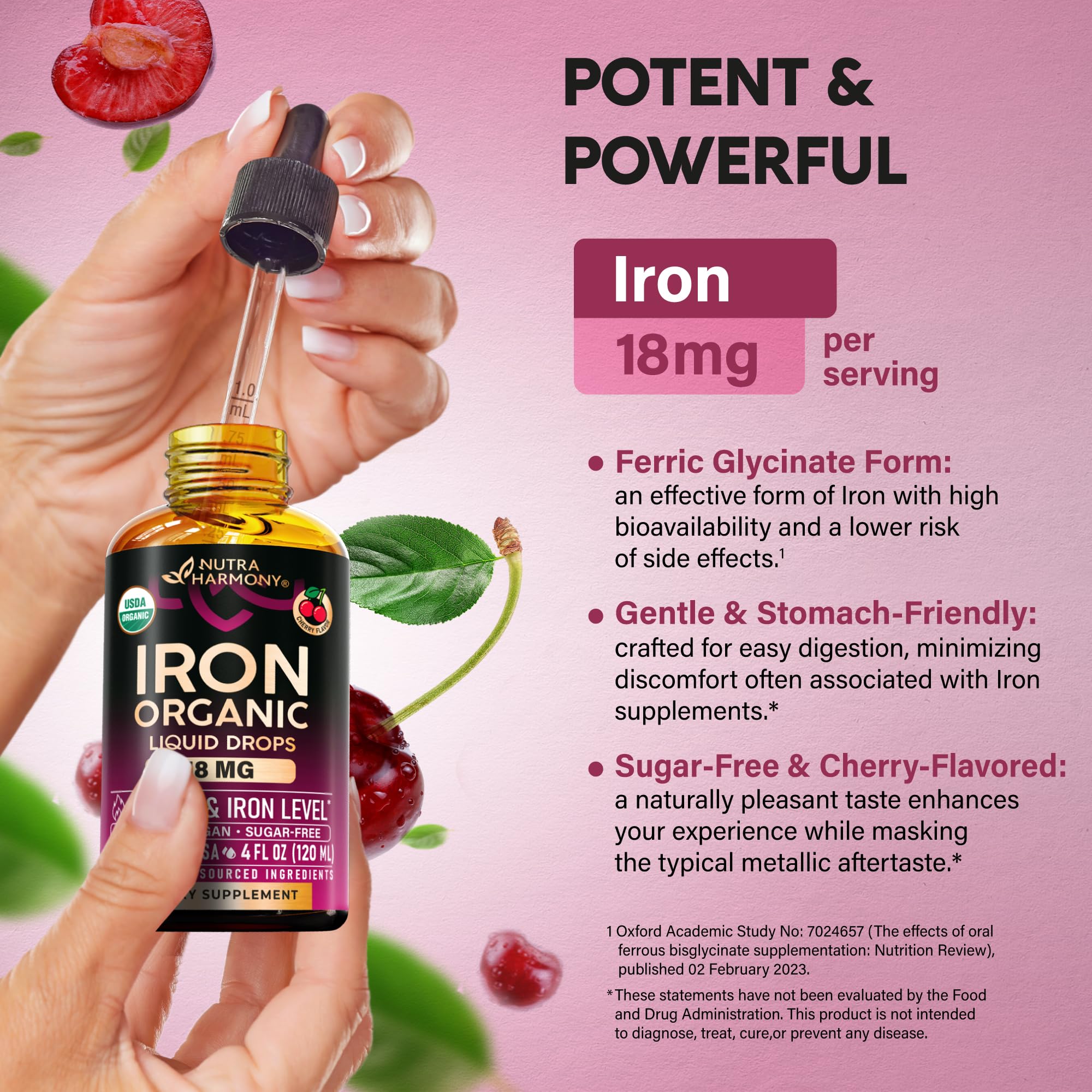 Liquid Iron Supplement for Women 18 mg - USDA Organic Drops, USA-Made - with Folate, Vitamin B12 & B6 - Iron Level & Energy - Gentle & High Absorption Glycinate Form - Cherry Flavor, Sugar-Free, 4 oz